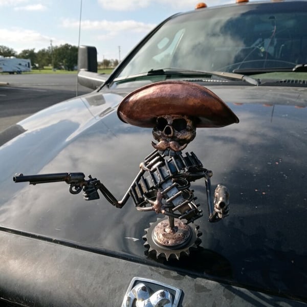 Handmade Cast Cowboy Skull Gunslinger Hood Metal Ornament