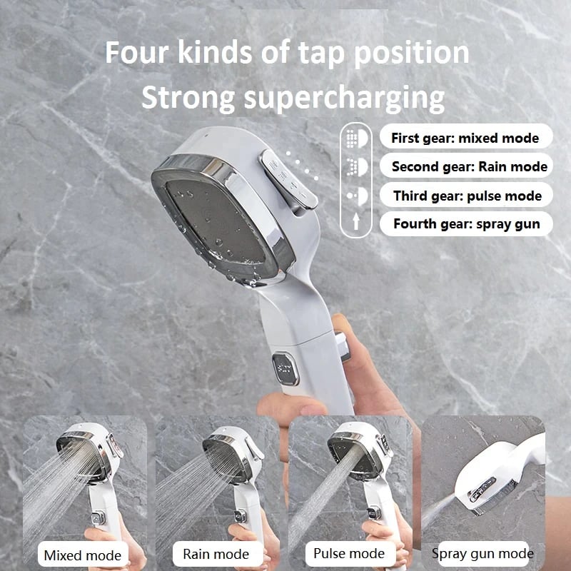 Shower Head Four-Speed Adjustable Filter Abs Electroplating One Click Stop Water-Saving Removable Cleaning Bathroom Accessories