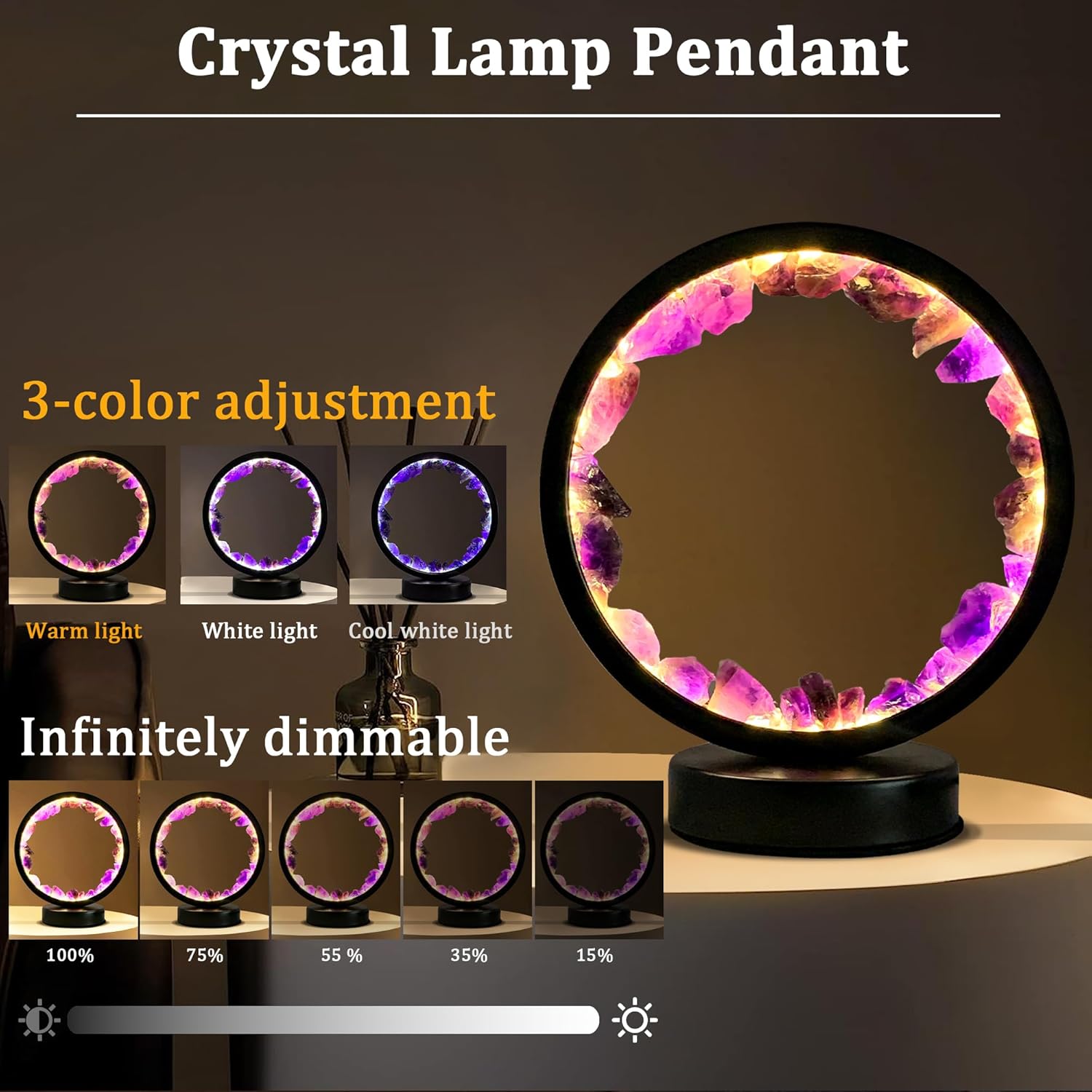 Amethyst Night Lamp 8.6" Natural Healing Crystal Bedside Lamp