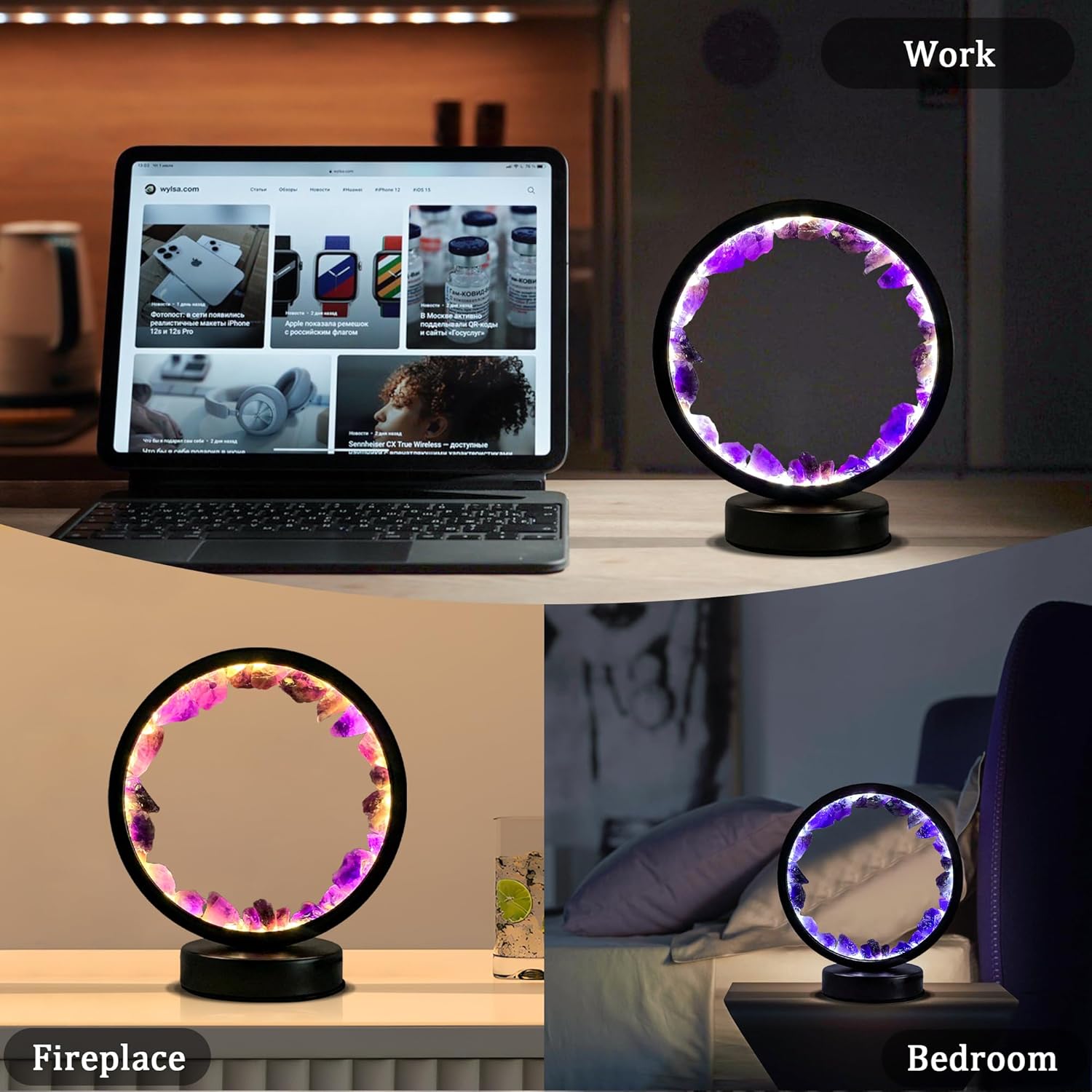 Amethyst Night Lamp 8.6" Natural Healing Crystal Bedside Lamp