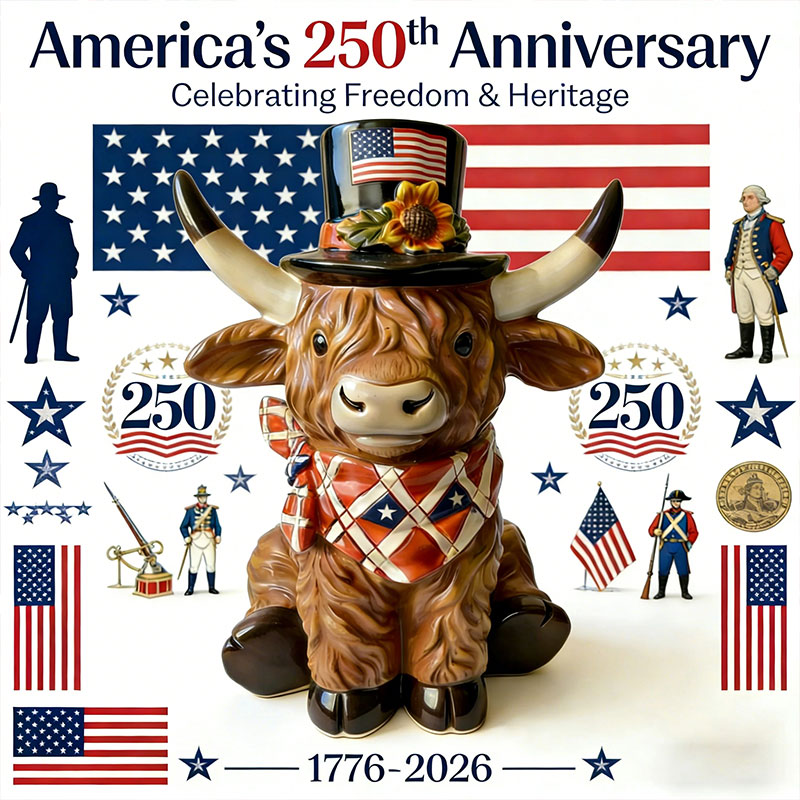 🐂 Patriotic Highland Cow Figurine Set – 250th Anniversary Tribute 🇺🇸✨
