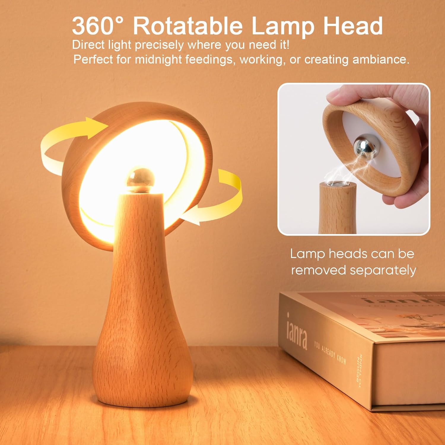 Natural solid wood Touch Switch Cordless Table Lamp