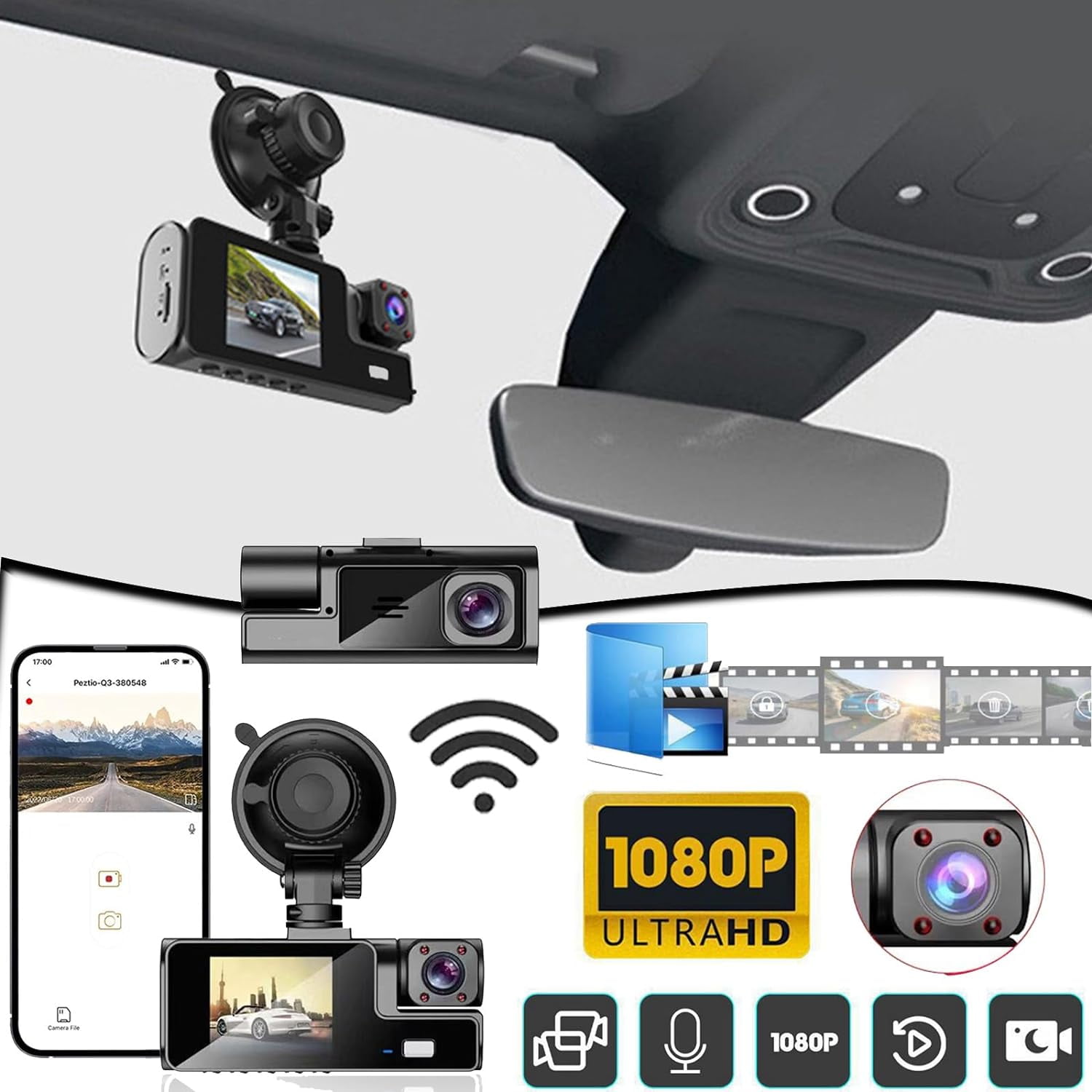 3 Channel Dash Cam Front and Inside, G-Sensor, 170°Wide Angle with Infrared Night Vision