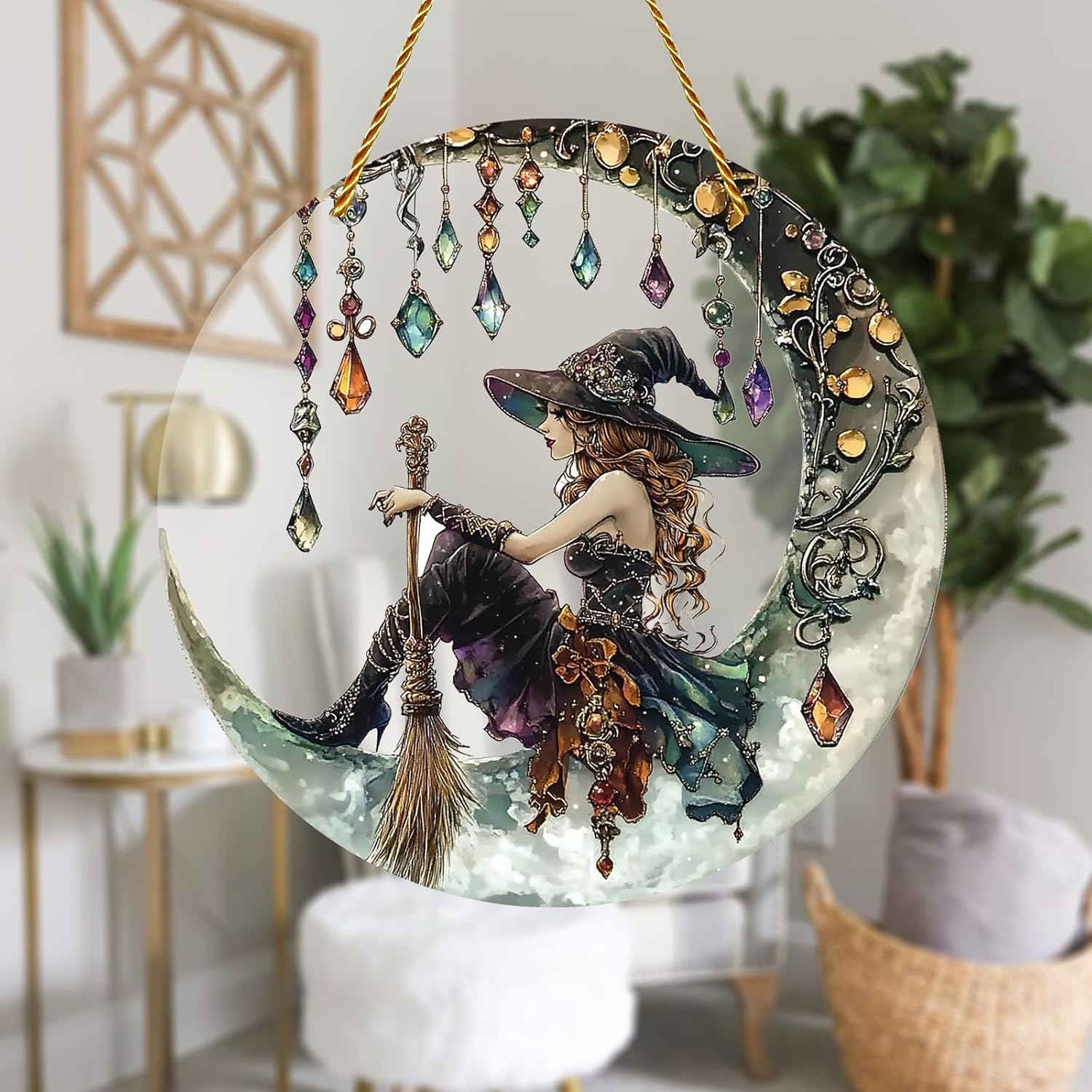 Halloween Charming Moonlight Witch Glass Window Hanging Sun Catcher