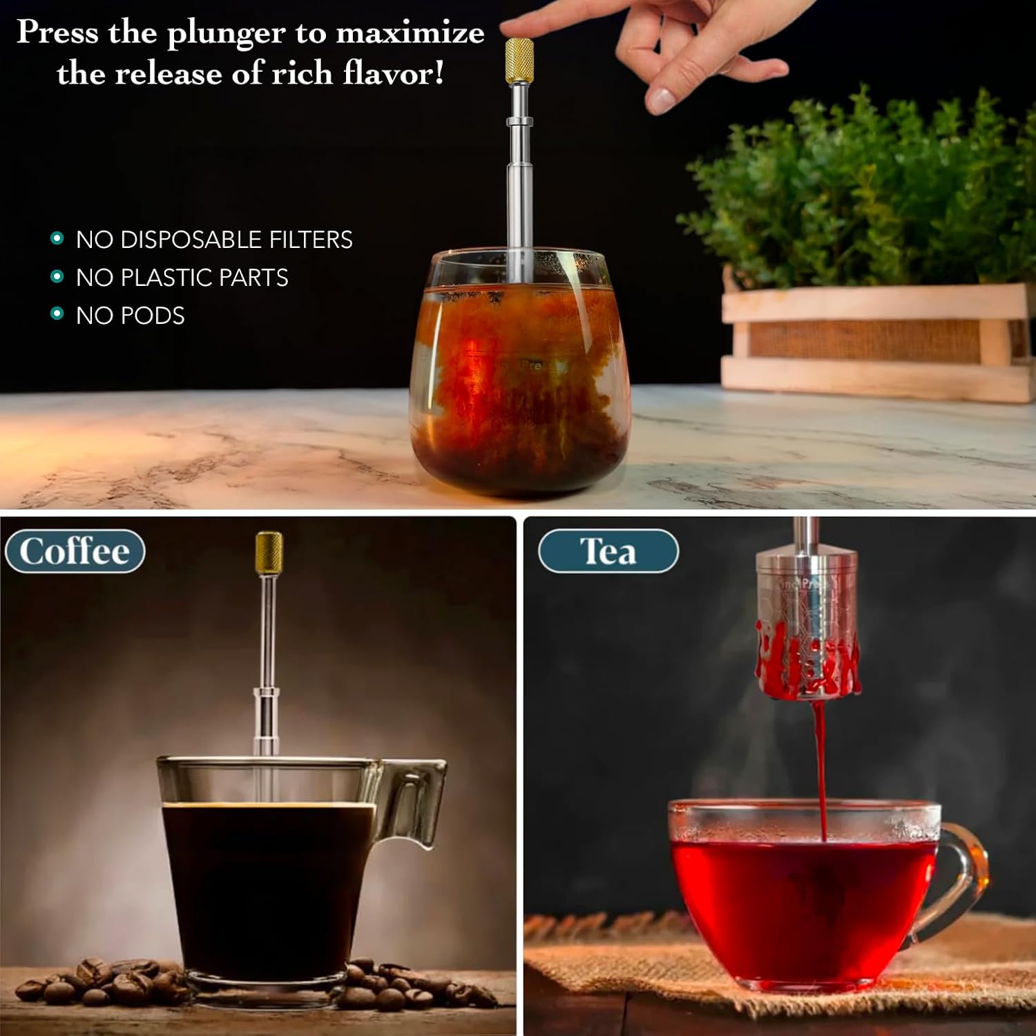 Premium Coffee and Tea Maker - Press the Plunger to Brew Anywhere