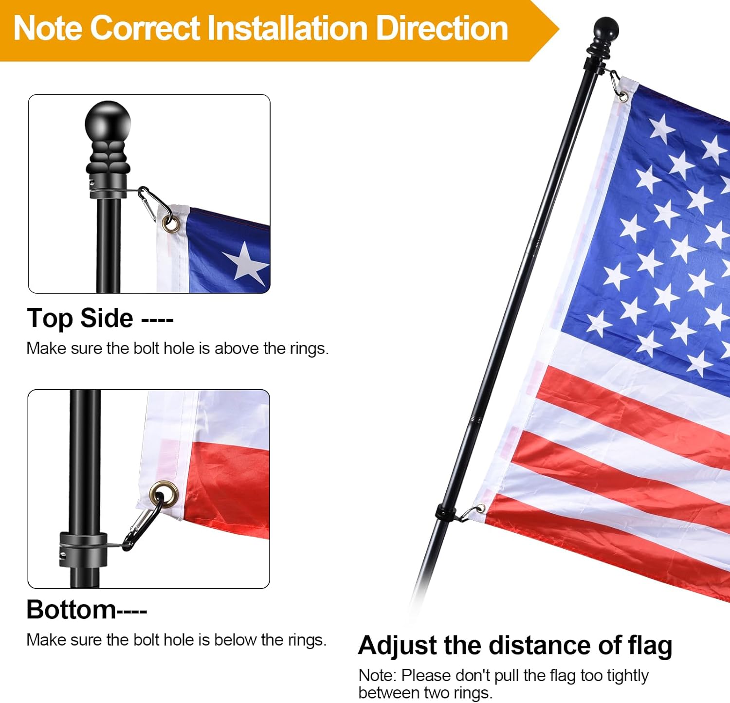 Black Flag Pole Kit for Outside House Porch, 6 FT Thickened Stainless Steel Wall Mount Flag Pole for 3x5'/4x6' American Flag, 1" Anti-Wrap Spinning Flagpole Rings (6 FT - No Bracket - Black)