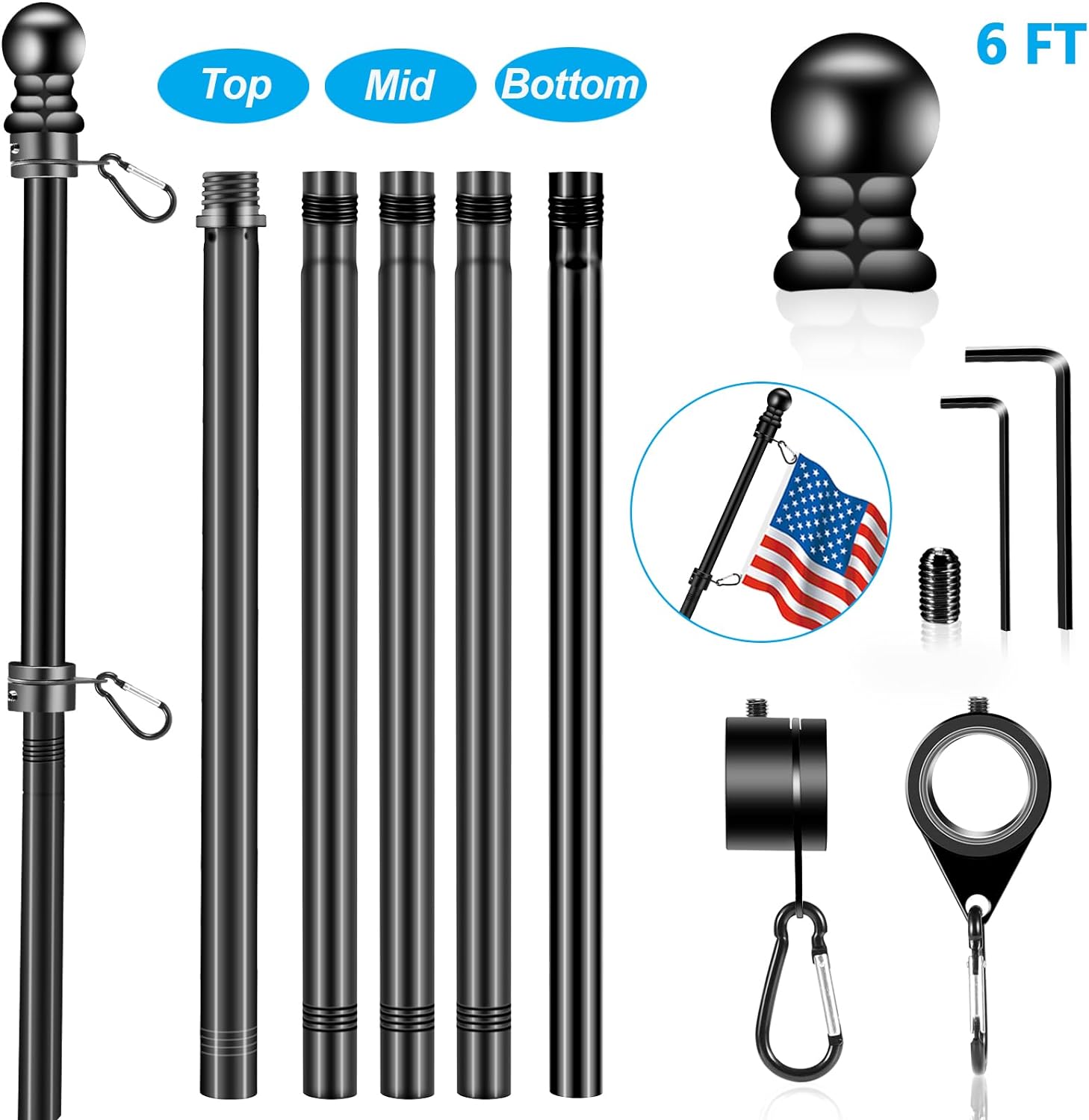 Black Flag Pole Kit for Outside House Porch, 6 FT Thickened Stainless Steel Wall Mount Flag Pole for 3x5'/4x6' American Flag, 1" Anti-Wrap Spinning Flagpole Rings (6 FT - No Bracket - Black)