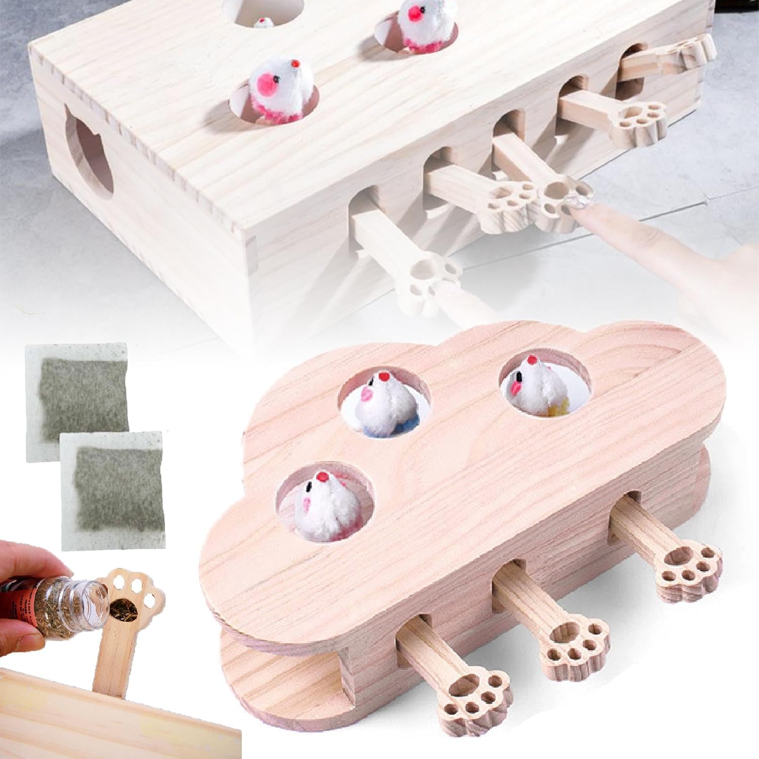 Interactive Wooden Whack-A-Mole Cat Toy