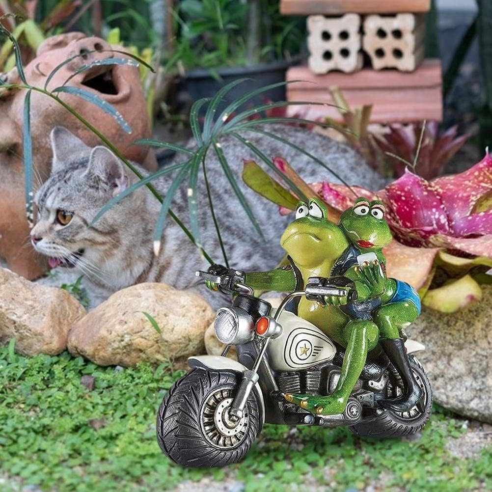 Garden Sculpture Funny Frogs Couple on Motorcycle Statues