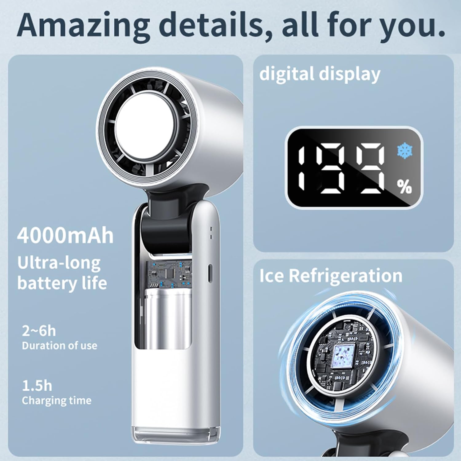 Portable Handheld Turbo Fan with Ice Cooling Plate & LED Light