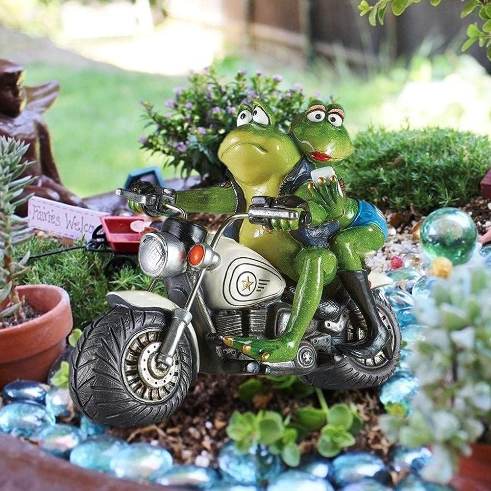 Garden Sculpture Funny Frogs Couple on Motorcycle Statues