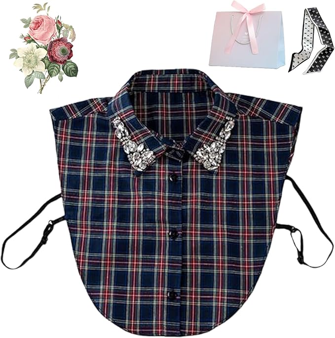 Red Christmas Plaid Rhinestone Detachable Half Shirt Blouse False Collar