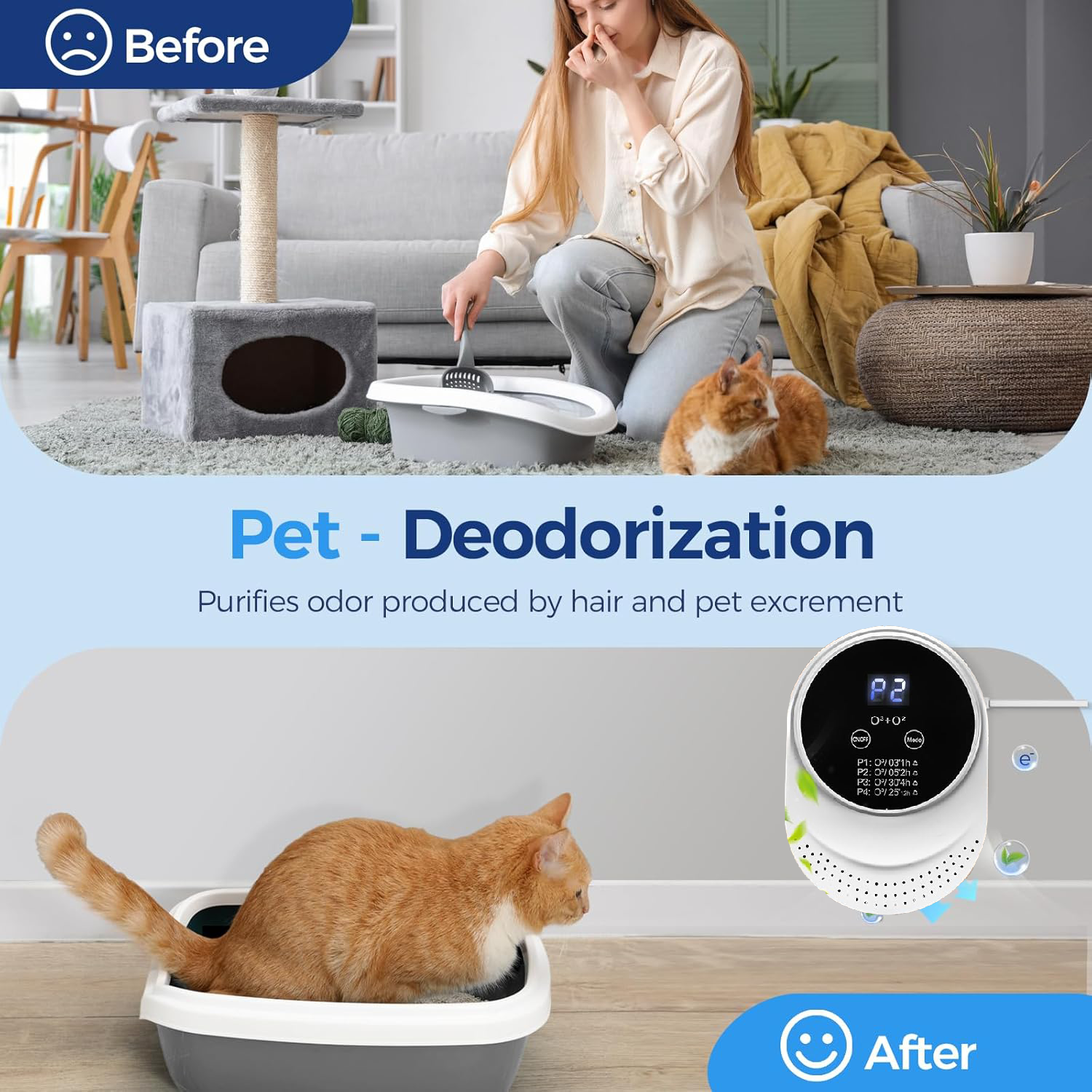 Ozone Odor Eliminator for Strong Odor 99% Cat Litter Deodorizer Dog Poof