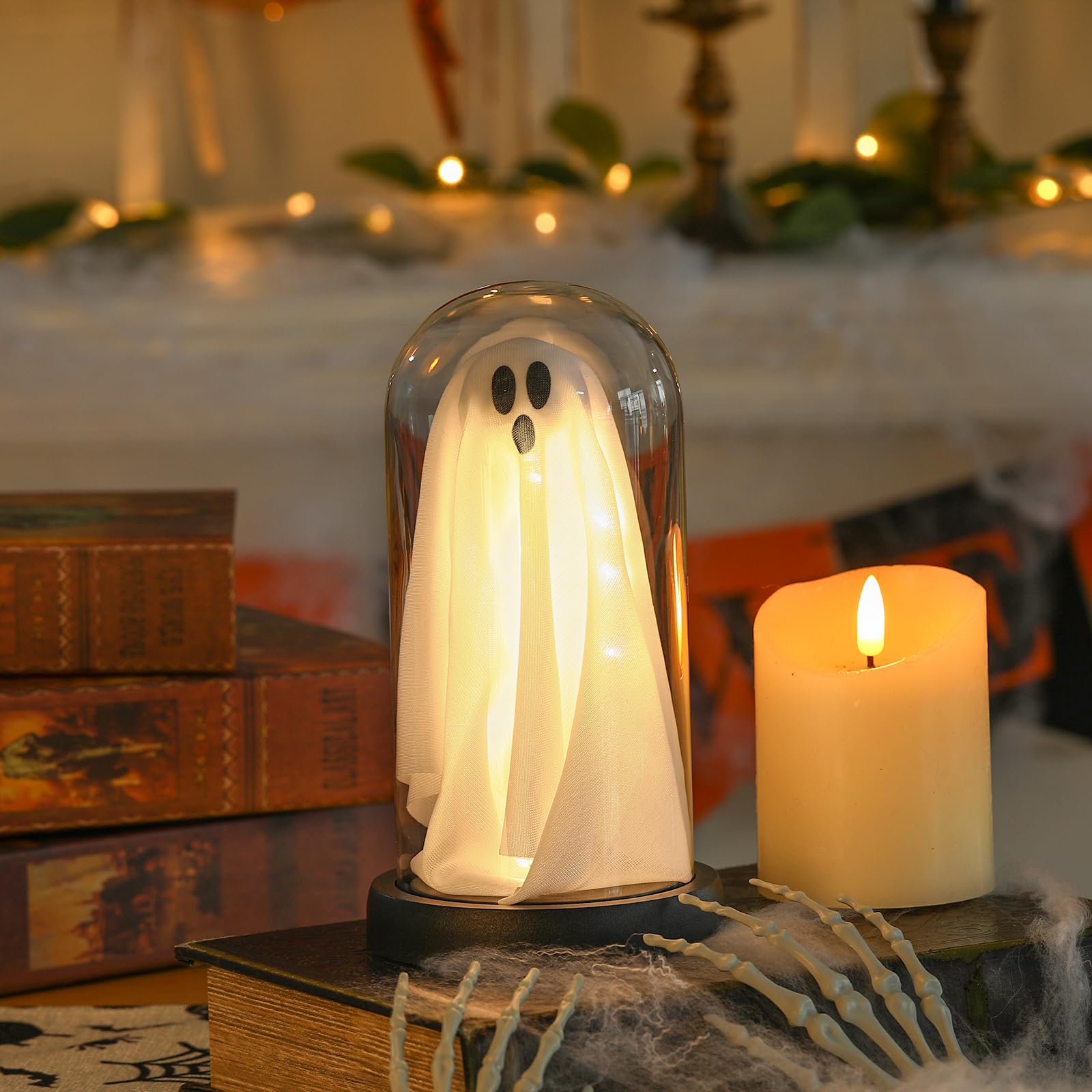 Cute glowing ghost in the glass cover