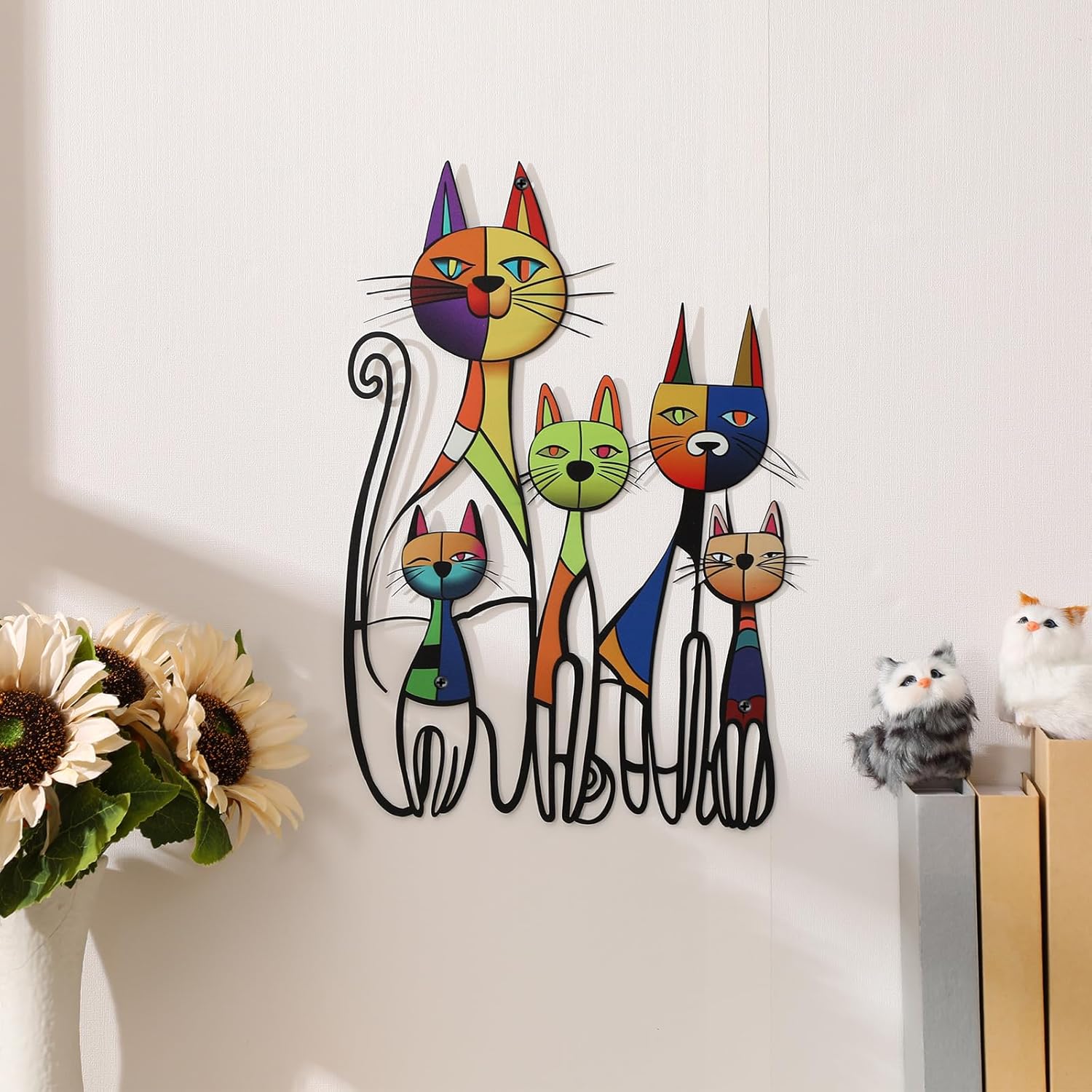 Colorful Mid-Century Cat Family Iron Wall Art Decor