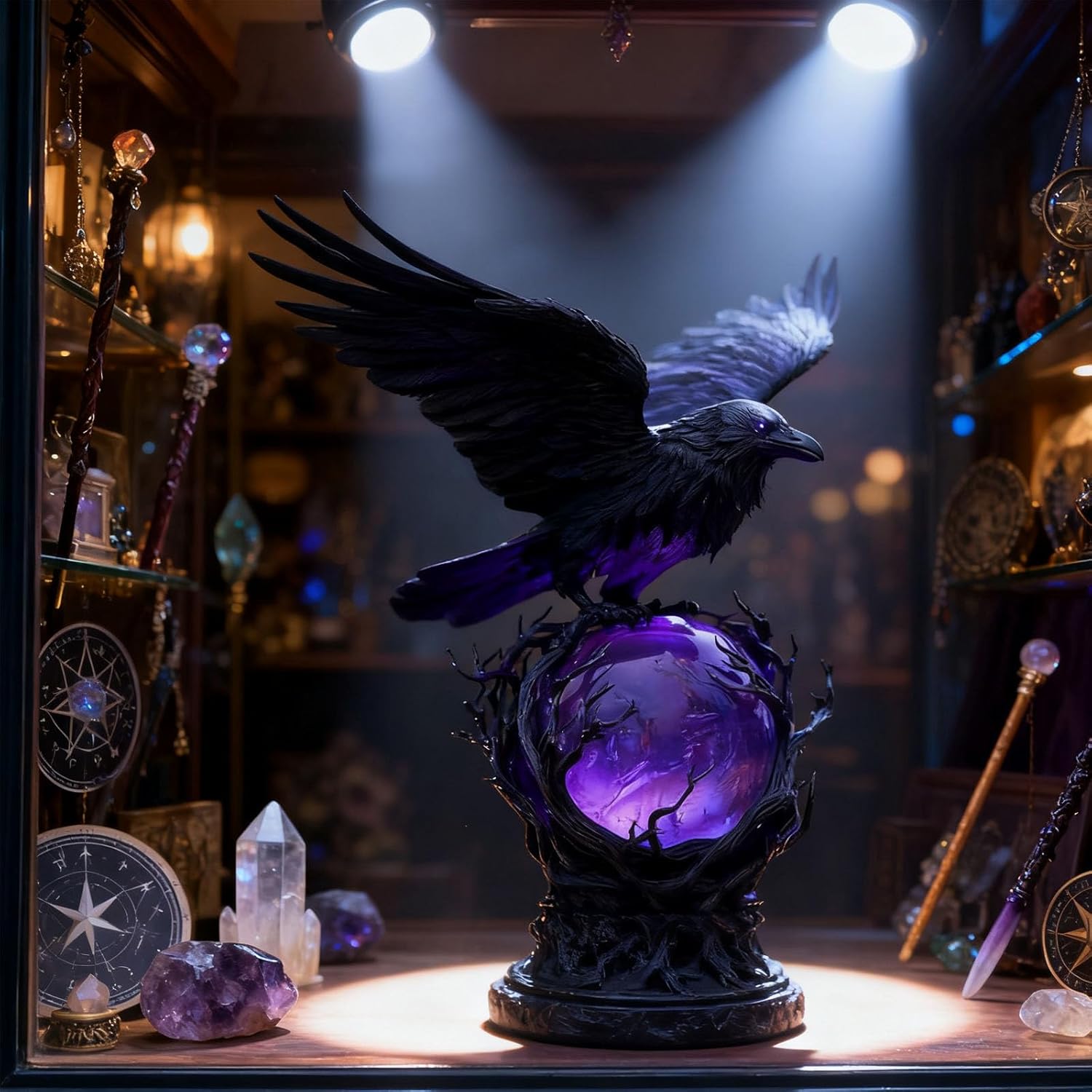 🌙🖤 “Raven’s Moonlight” Gothic LED Lamp – Mysterious Crow on Glowing Orb Sculpture ✨