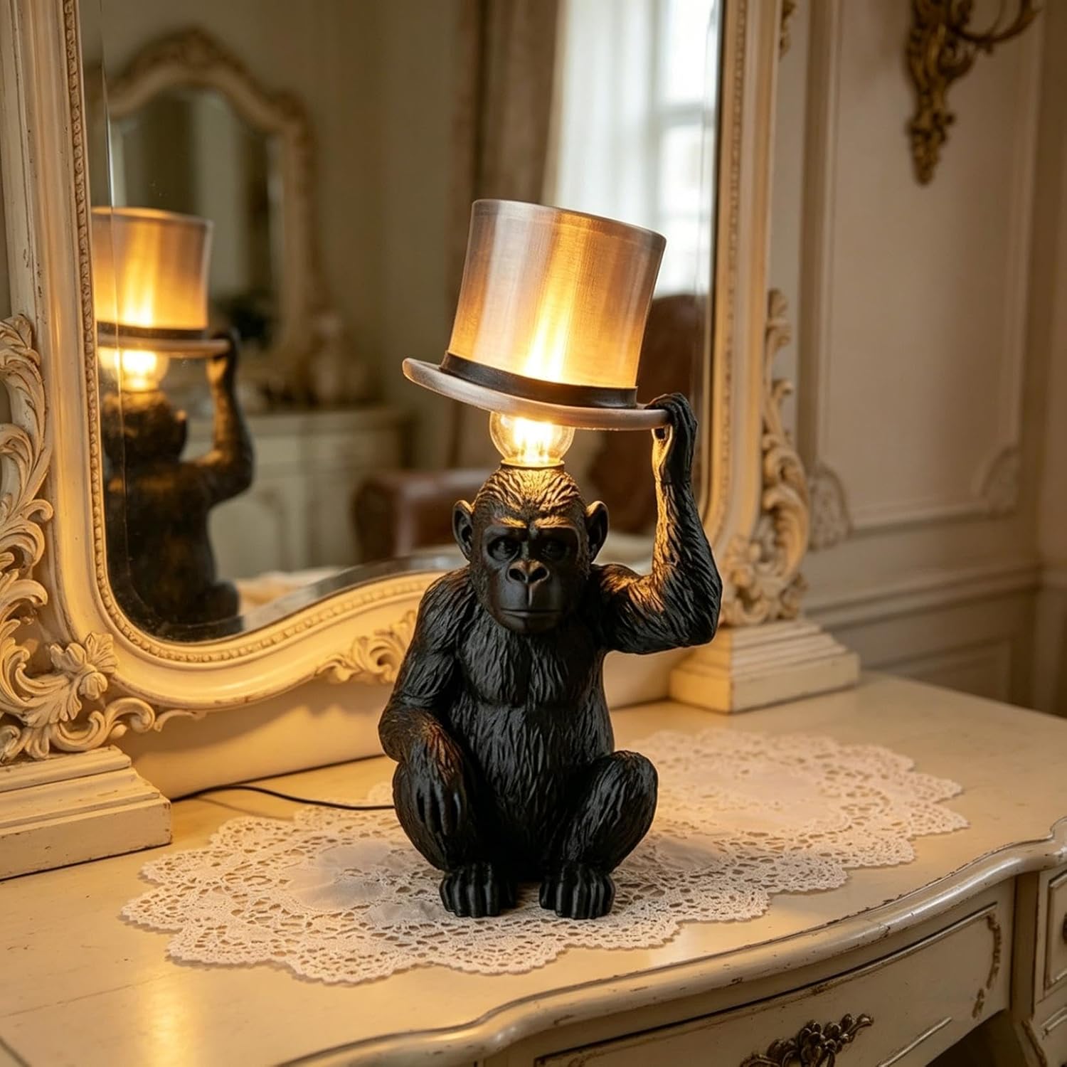 Monkey Table Lamp with Top Hat – Sculptural Animal Desk Lamp