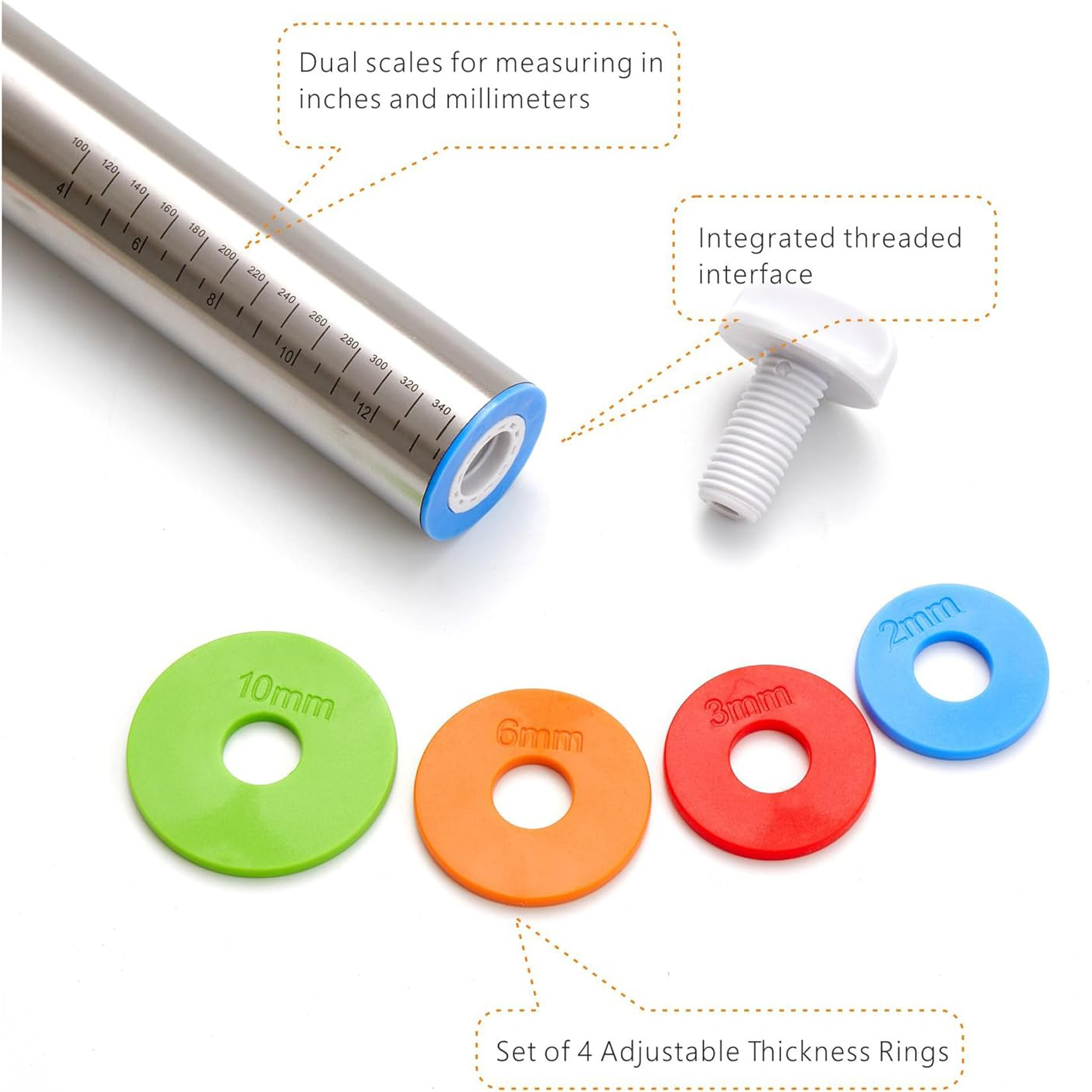 Stainless steel Rolling Pin With Thickness Rings