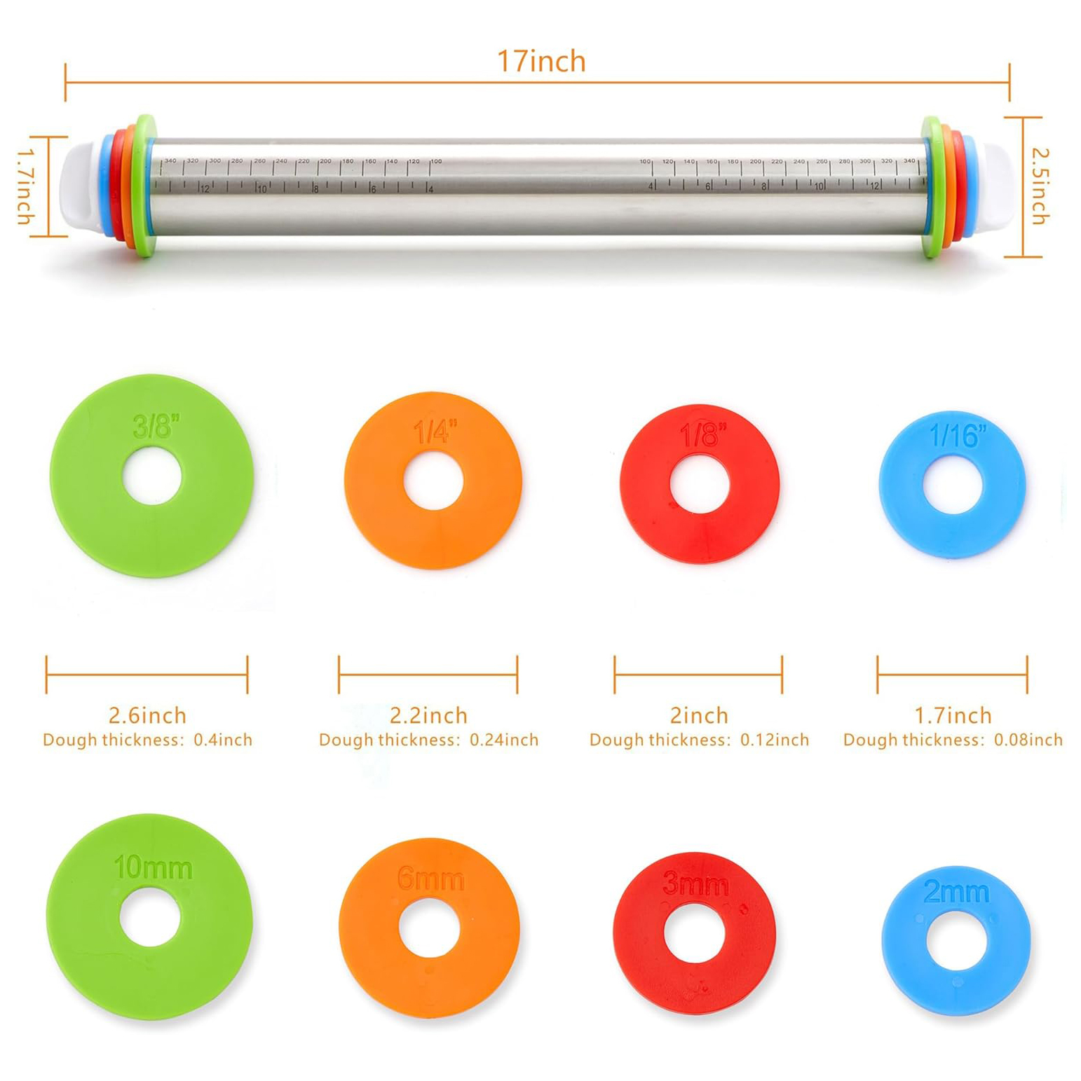 Stainless steel Rolling Pin With Thickness Rings