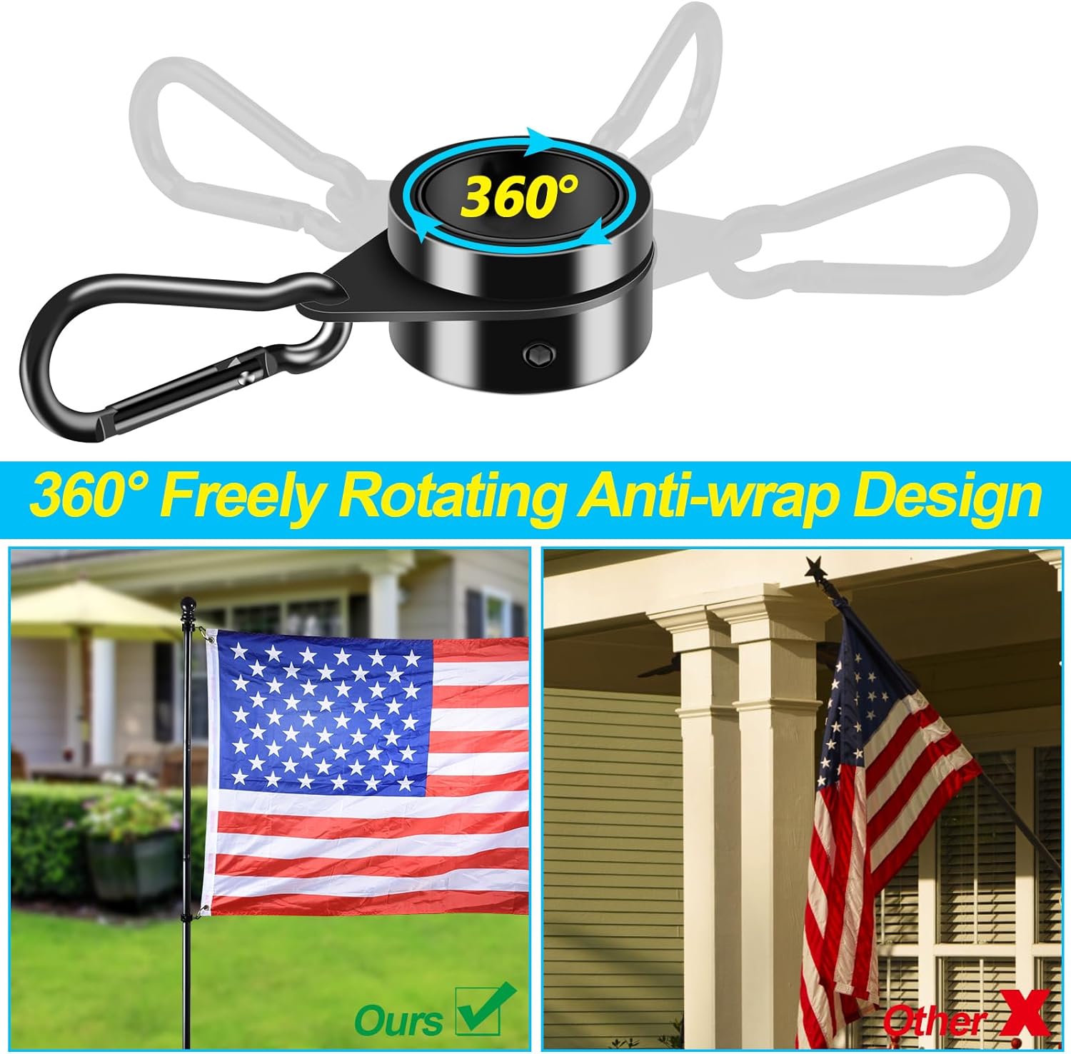 Black Flag Pole Kit for Outside House Porch, 6 FT Thickened Stainless Steel Wall Mount Flag Pole for 3x5'/4x6' American Flag, 1" Anti-Wrap Spinning Flagpole Rings (6 FT - No Bracket - Black)
