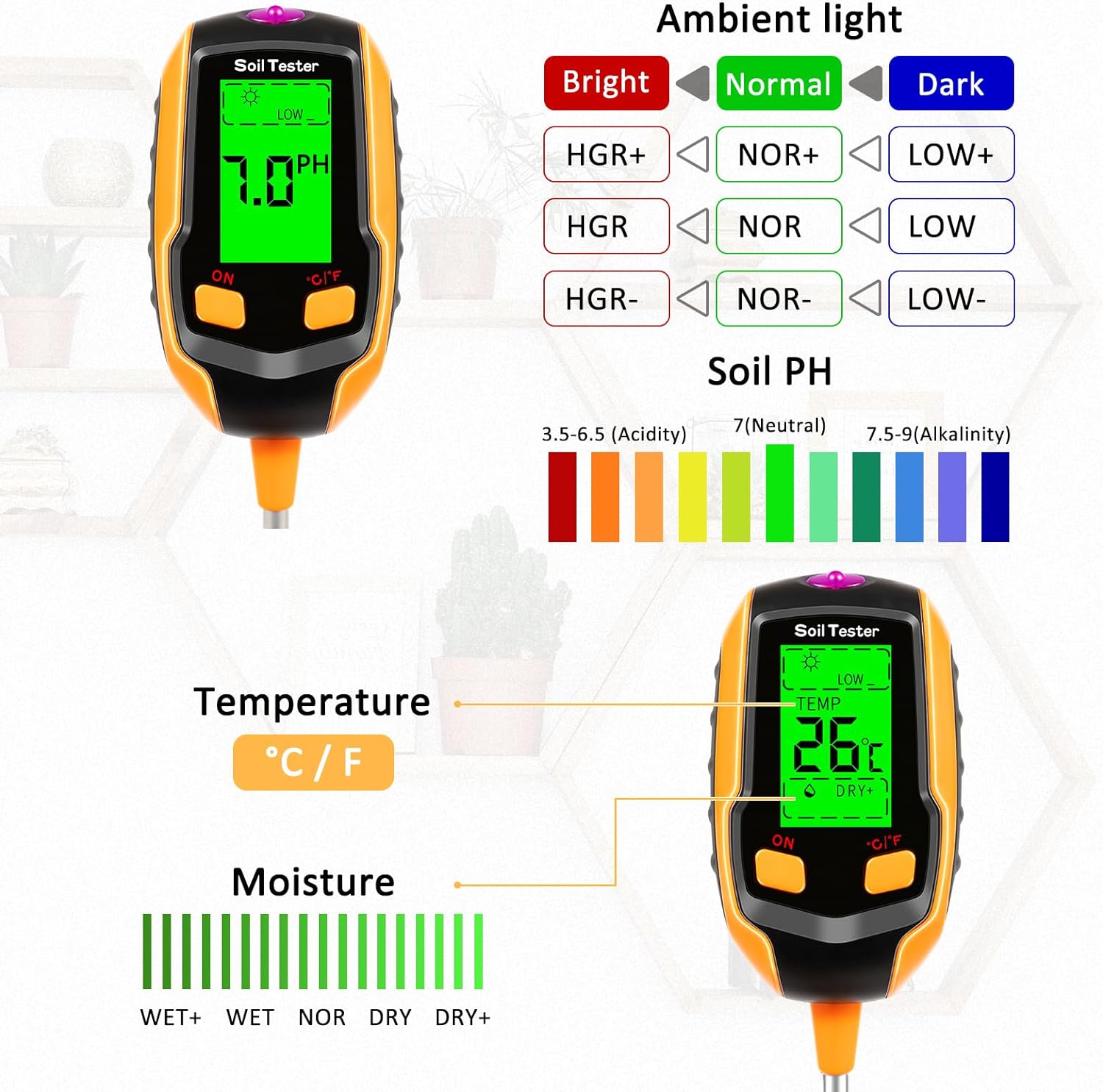 Soil Moisture Meter Digital Plant Temperature/Soil Moisture/PH Meter/Sunlight Intensity/Environment Humidity Backlight LCD display Soil Test Meter for Gardening, Farming and Outdoor Plants with 4 batteries