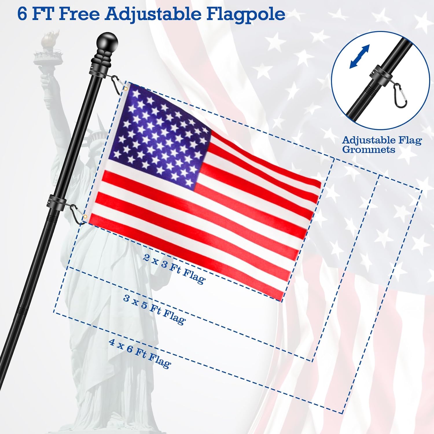 Black Flag Pole Kit for Outside House Porch, 6 FT Thickened Stainless Steel Wall Mount Flag Pole for 3x5'/4x6' American Flag, 1" Anti-Wrap Spinning Flagpole Rings (6 FT - No Bracket - Black)