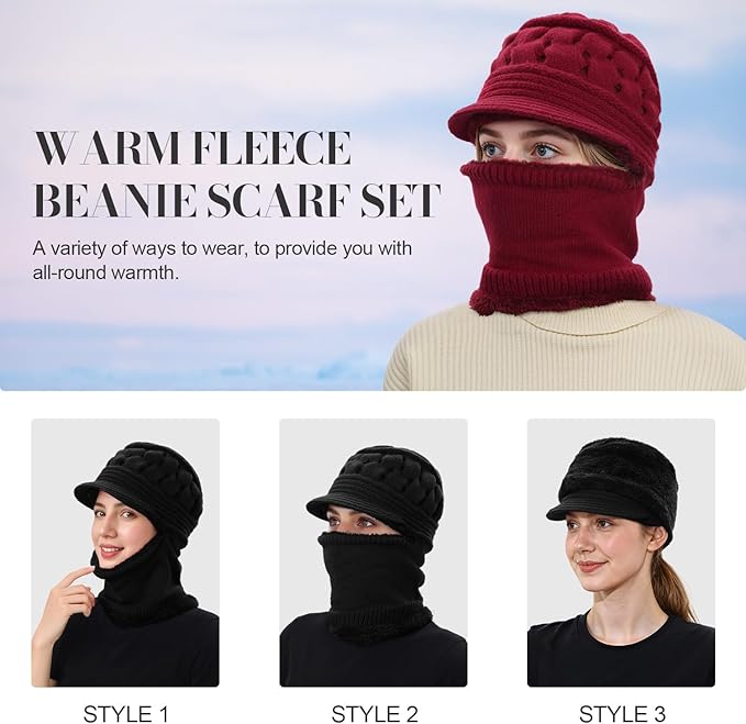 Women's Winter Beanie Hat & Scarf Mask Set
