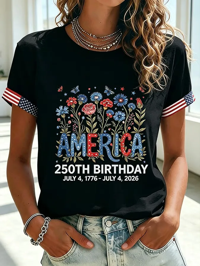 🔥Women's 250 Years Of Freedom Flower Art Print T-shirt