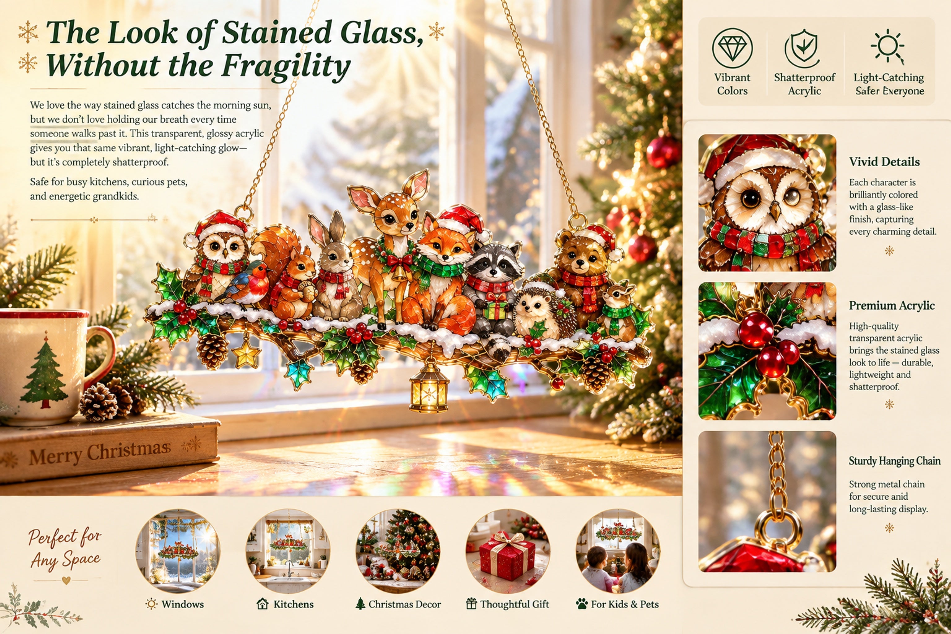 Shatterproof acrylic Christmas suncatcher material and feature details