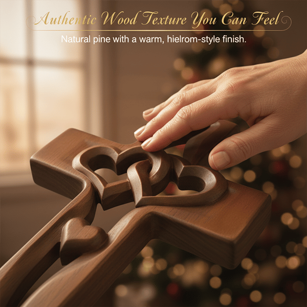 Hand-Carved Intertwined Hearts Wooden Cross