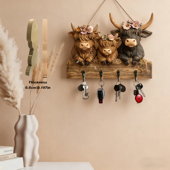 🐮 Rustic Highland Cow Wooden Family Key Holder Hanging Ornament with 4 Hooks
