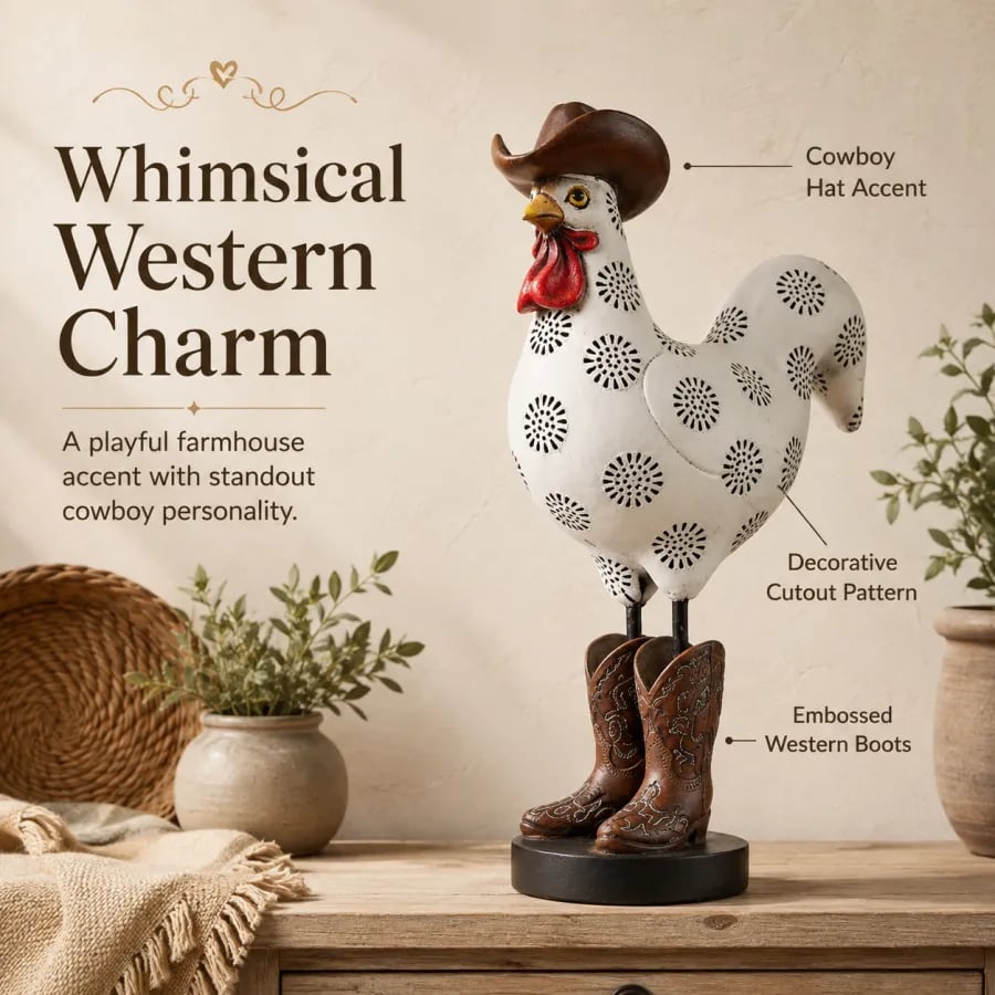 Whimsical western rooster decor details