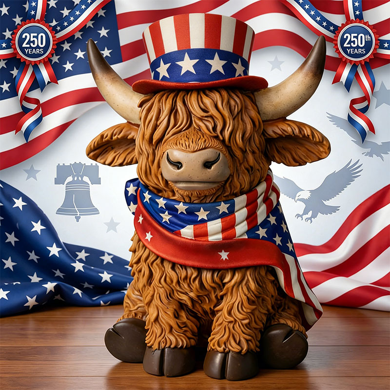 🐂 Patriotic Highland Cow Figurine Set – 250th Anniversary Tribute 🇺🇸✨