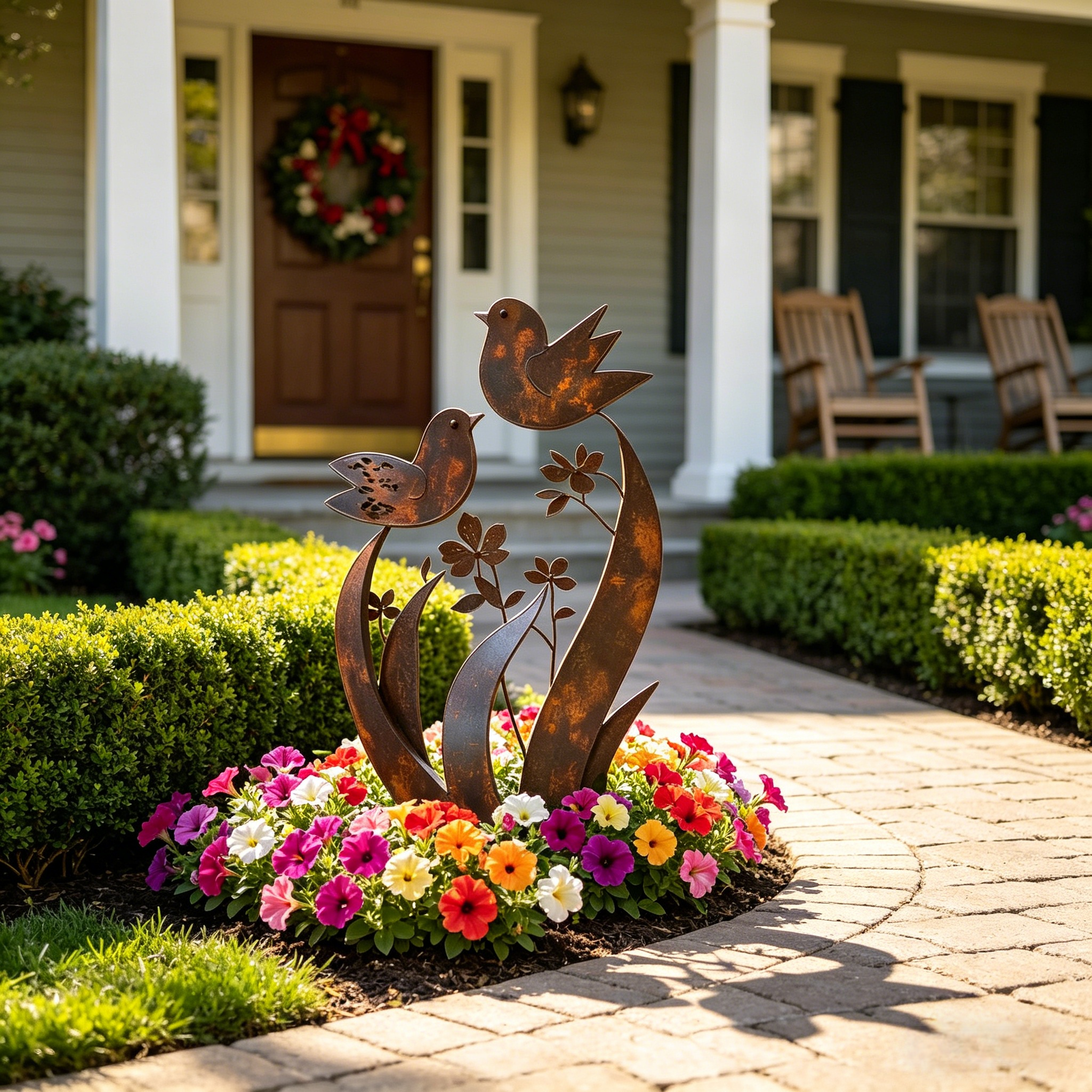 Rustic Bird & Wildflower Metal Garden Stake