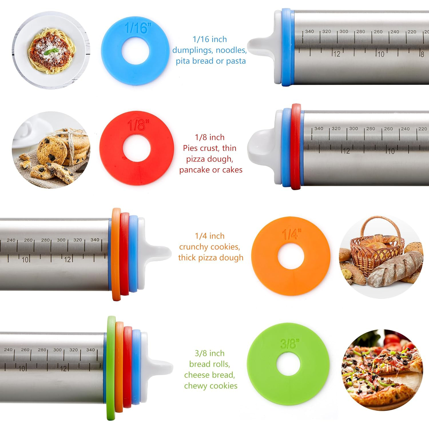 Stainless steel Rolling Pin With Thickness Rings