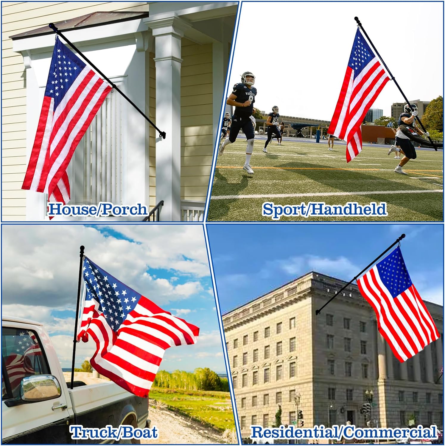 Black Flag Pole Kit for Outside House Porch, 6 FT Thickened Stainless Steel Wall Mount Flag Pole for 3x5'/4x6' American Flag, 1" Anti-Wrap Spinning Flagpole Rings (6 FT - No Bracket - Black)