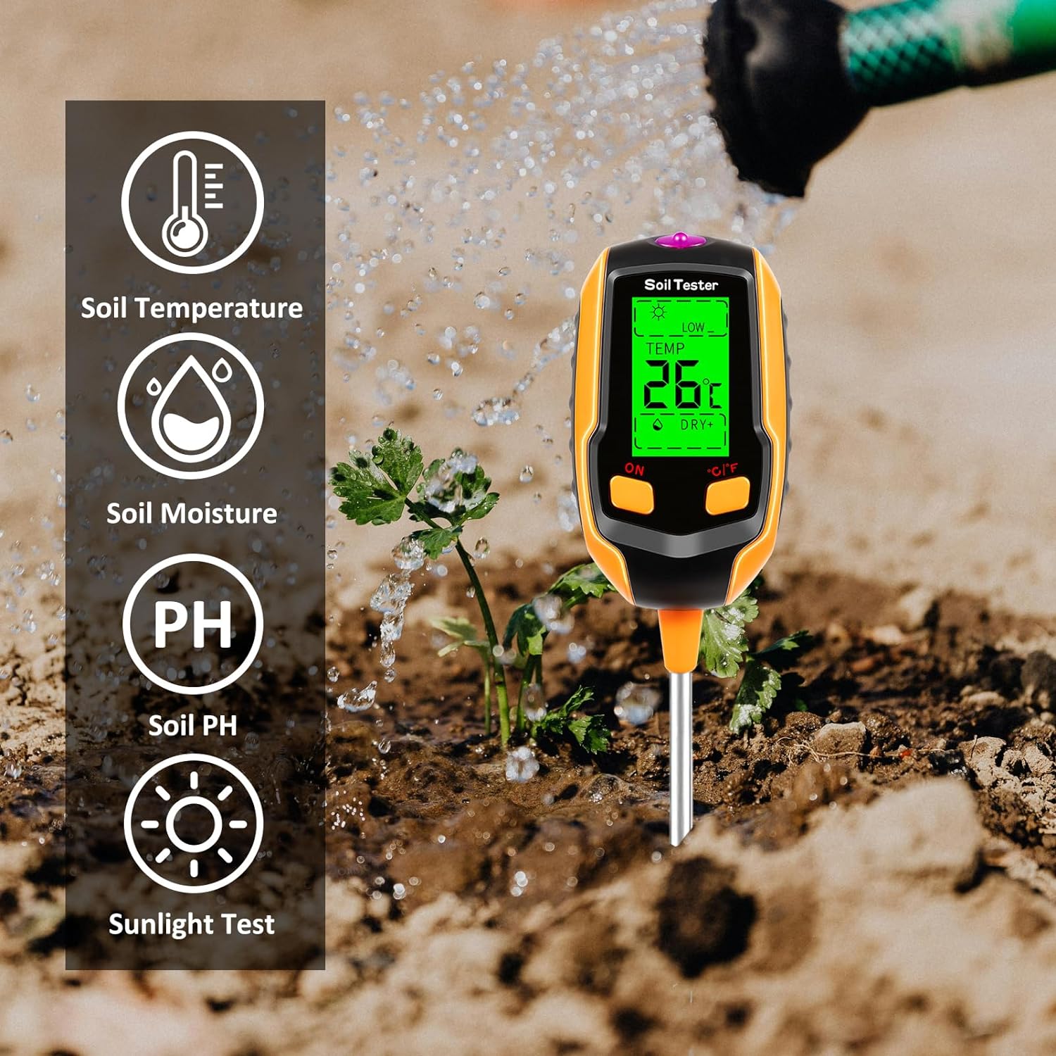 Soil Moisture Meter Digital Plant Temperature/Soil Moisture/PH Meter/Sunlight Intensity/Environment Humidity Backlight LCD display Soil Test Meter for Gardening, Farming and Outdoor Plants with 4 batteries