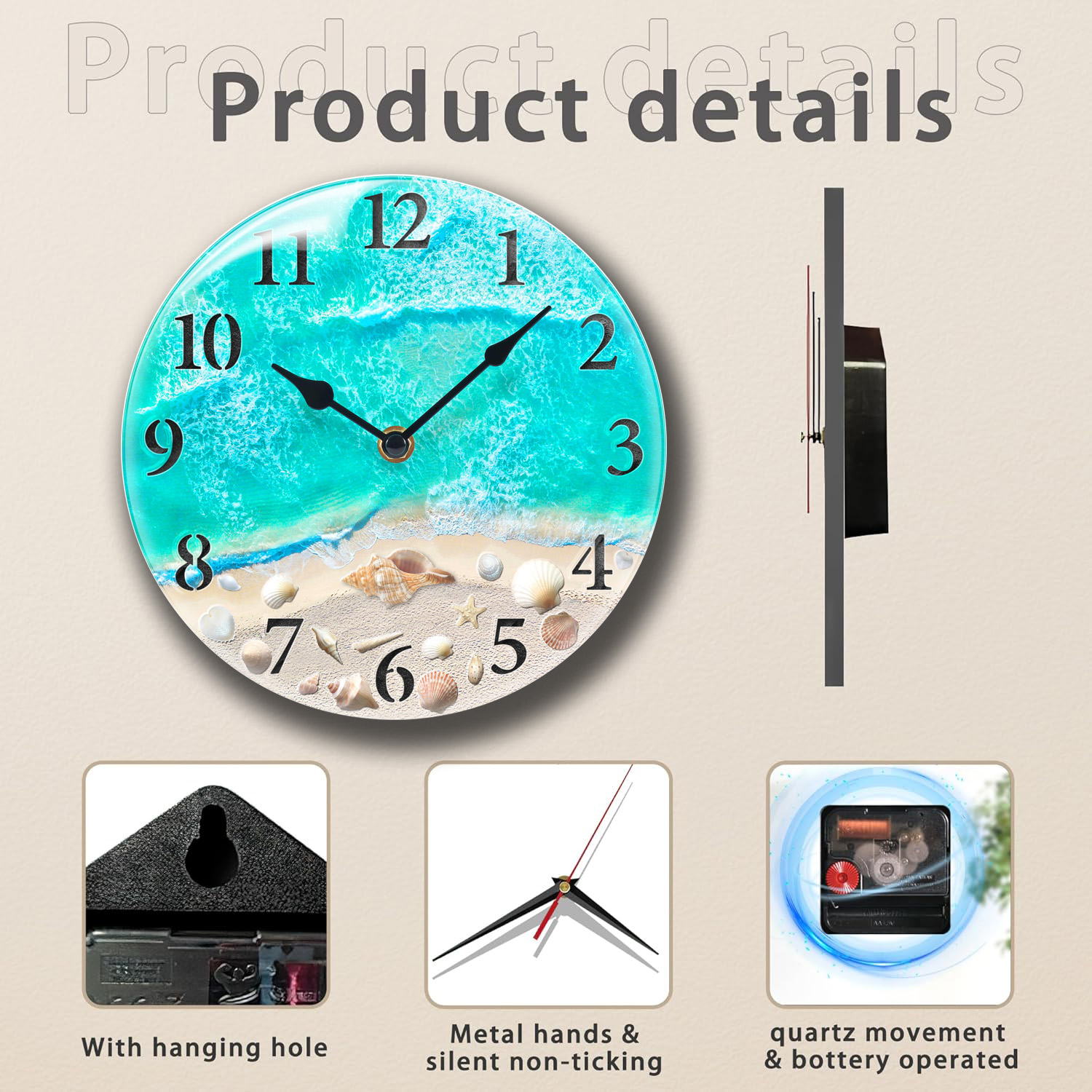 Coastal Nautical Glass Wall Clock with Seashell Design and Aesthetic Beach Theme