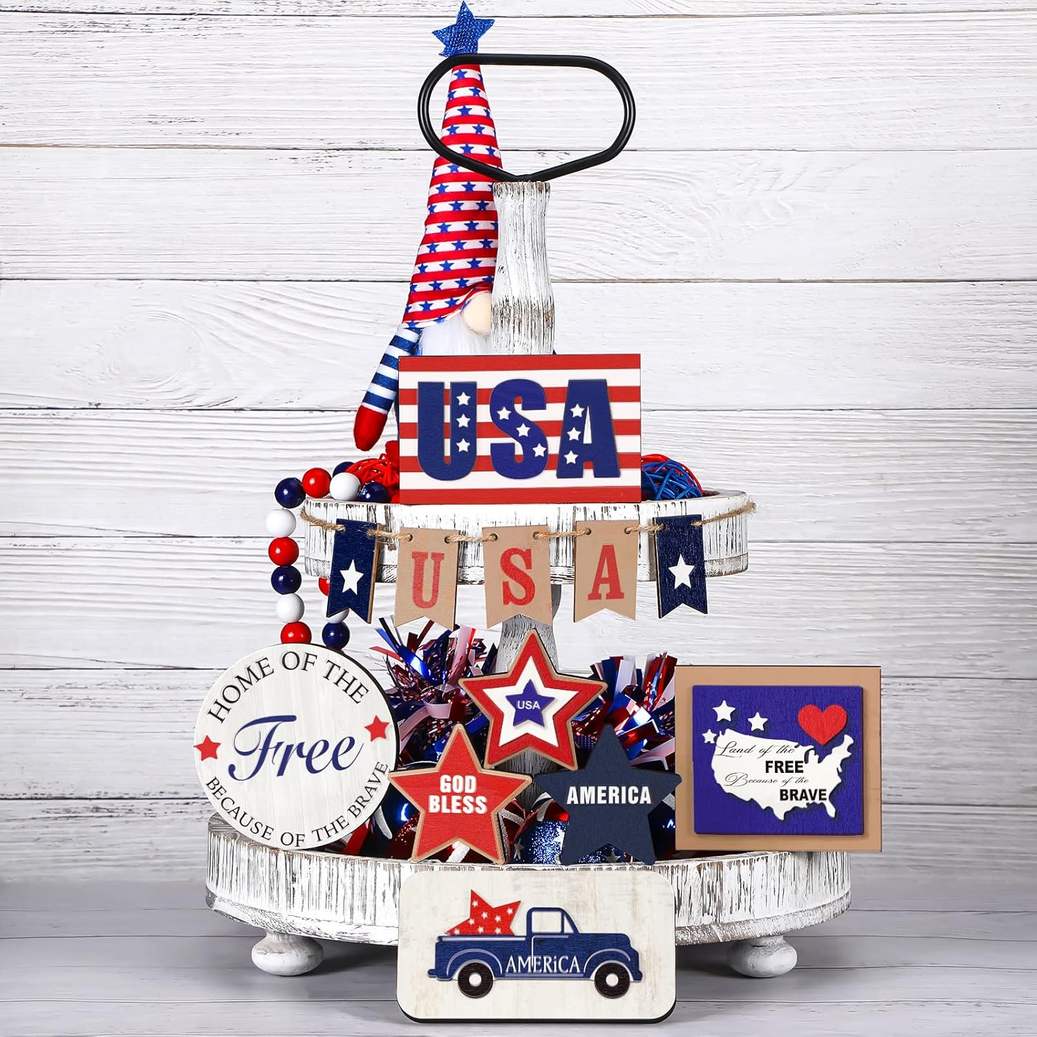 Patriotic Themed Tiered Wooden Tray Decorative Set