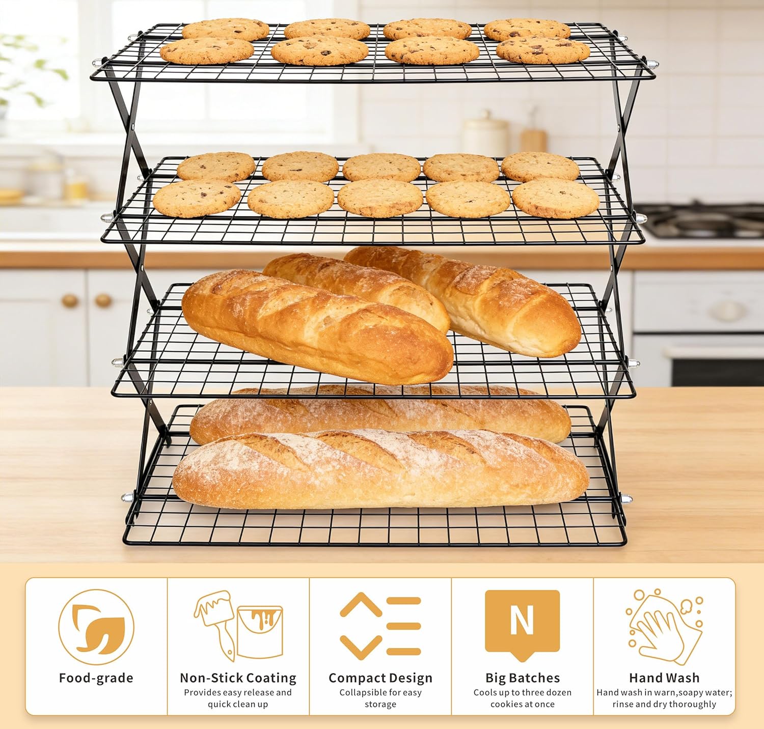 🍪 3/4-Tier Collapsible Cooling Rack – Expand to Bake, Collapse to Save Space!