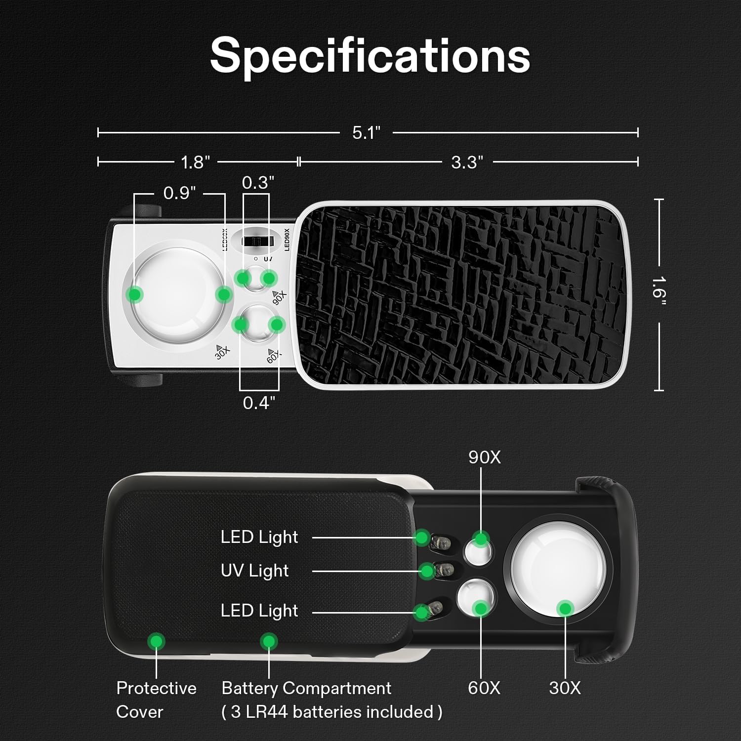 2-Pack Jewelry Loupe 30X/60X/90X LED Lighted Magnifier