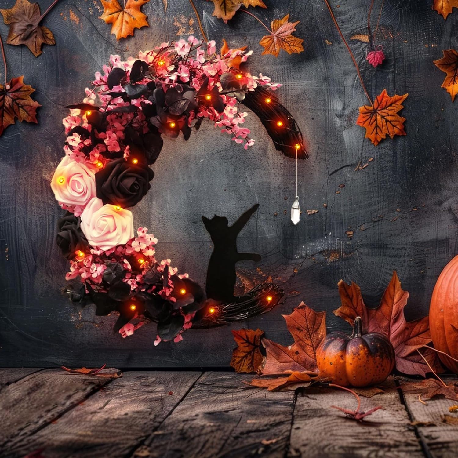 Halloween Front Door Moon Black Cat Rose Wreath With Lights