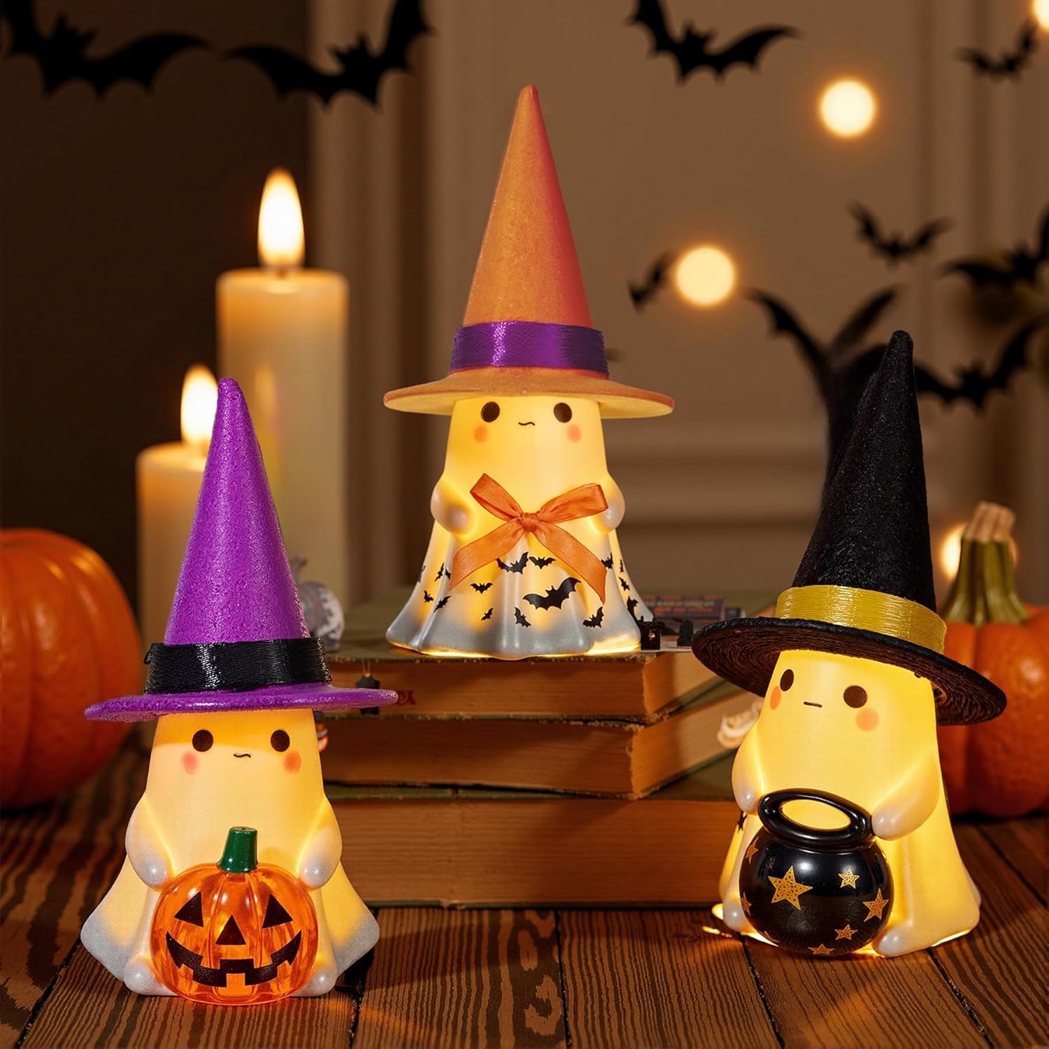🎃 Cute Ceramic Ghost Figurines with Hats – Spooky & Sweet Decor Set 👻✨