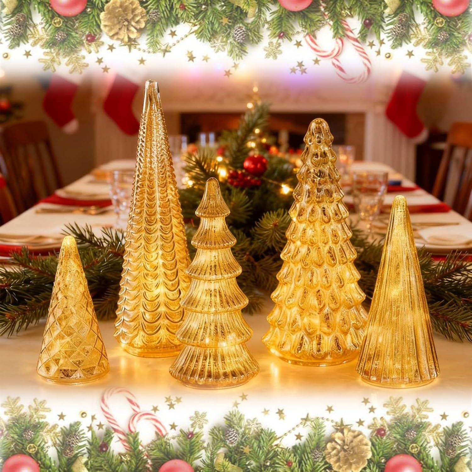 🎄BFF Collection Set of 5 Illuminated Mercury Glass Trees
