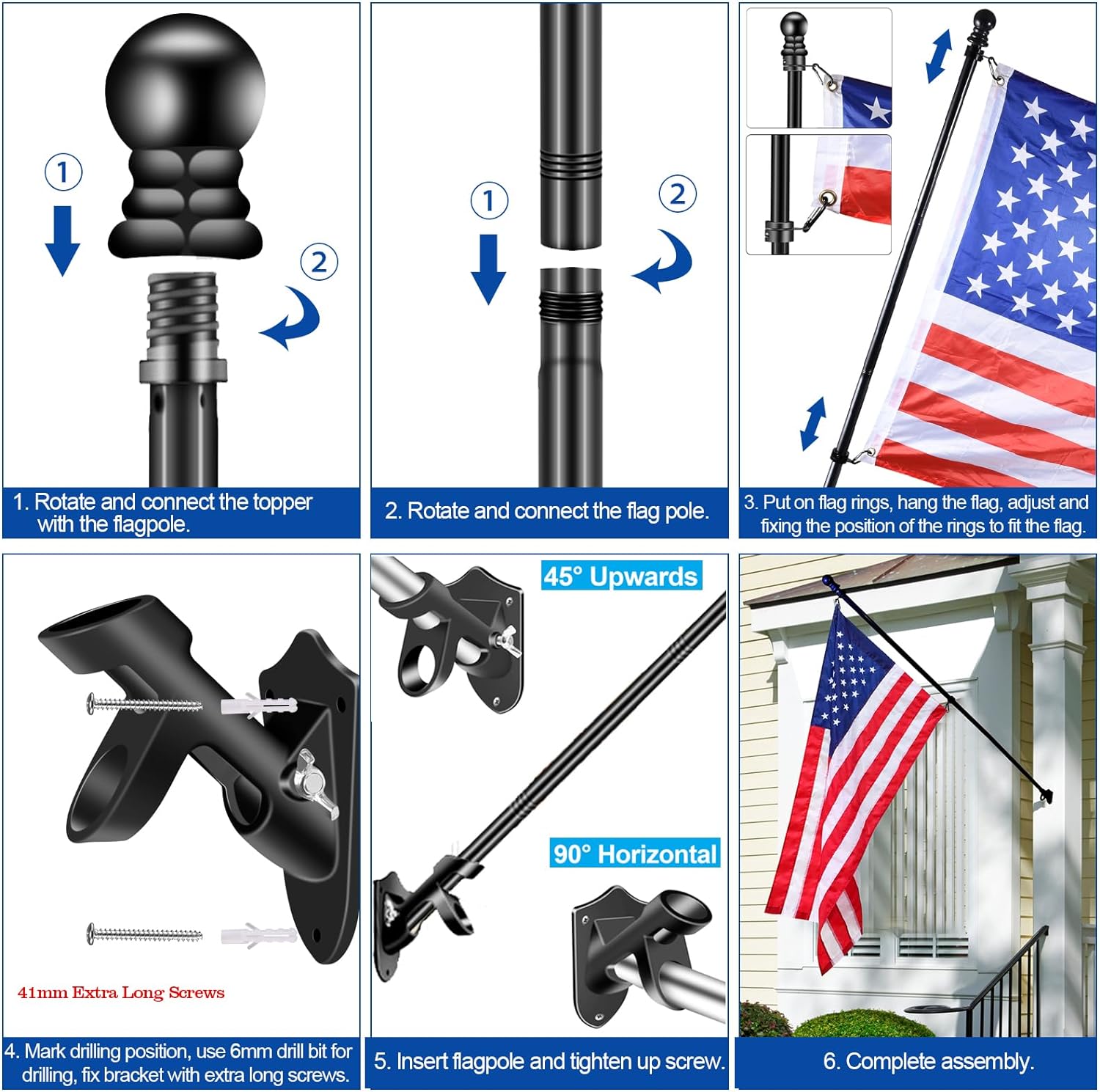 Black Flag Pole Kit for Outside House Porch, 6 FT Thickened Stainless Steel Wall Mount Flag Pole for 3x5'/4x6' American Flag, 1" Anti-Wrap Spinning Flagpole Rings (6 FT - No Bracket - Black)