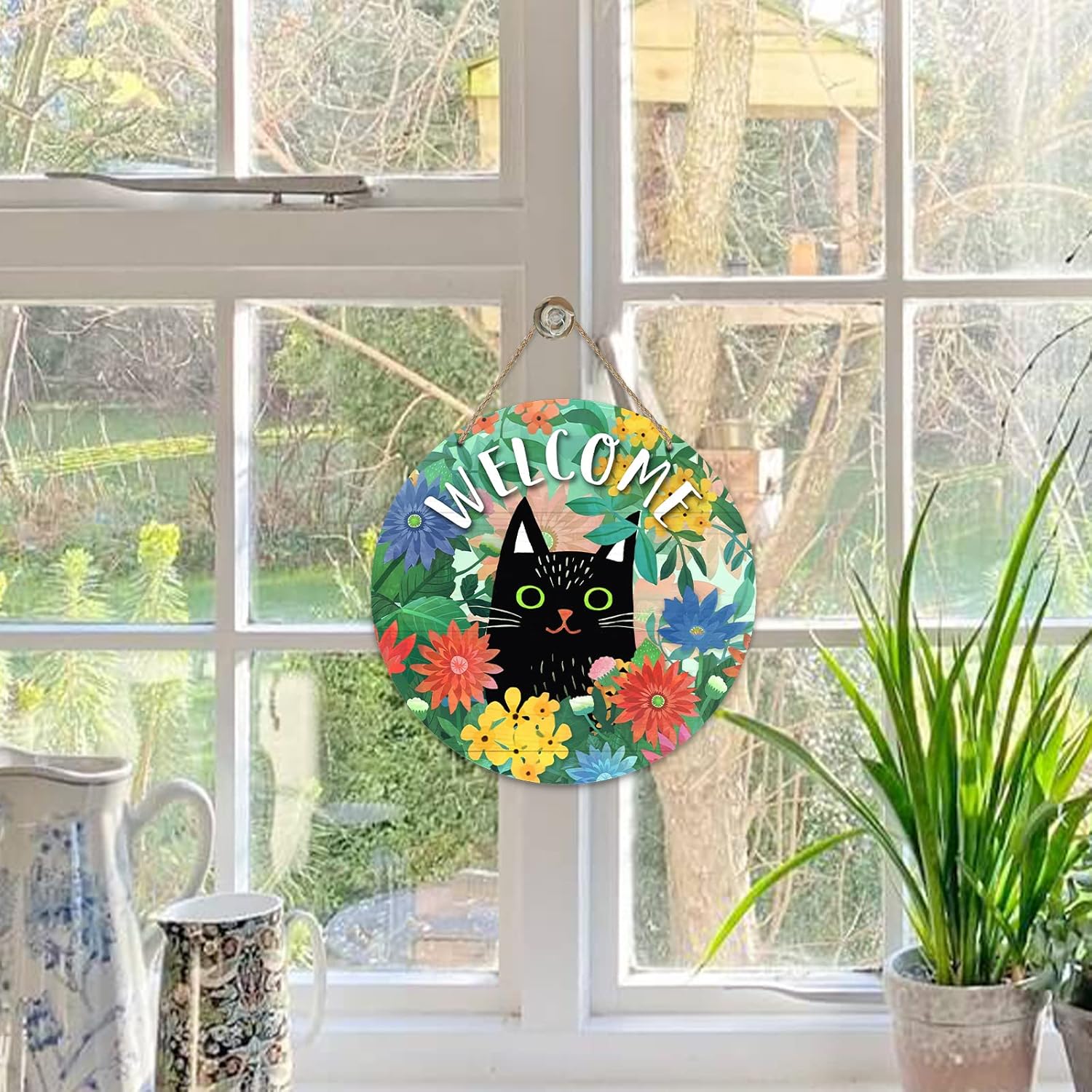 Spring's Furry Welcome!-Black Cat Doorplate with Daisy Wreath-Patriotic Cat Lover's Dream!