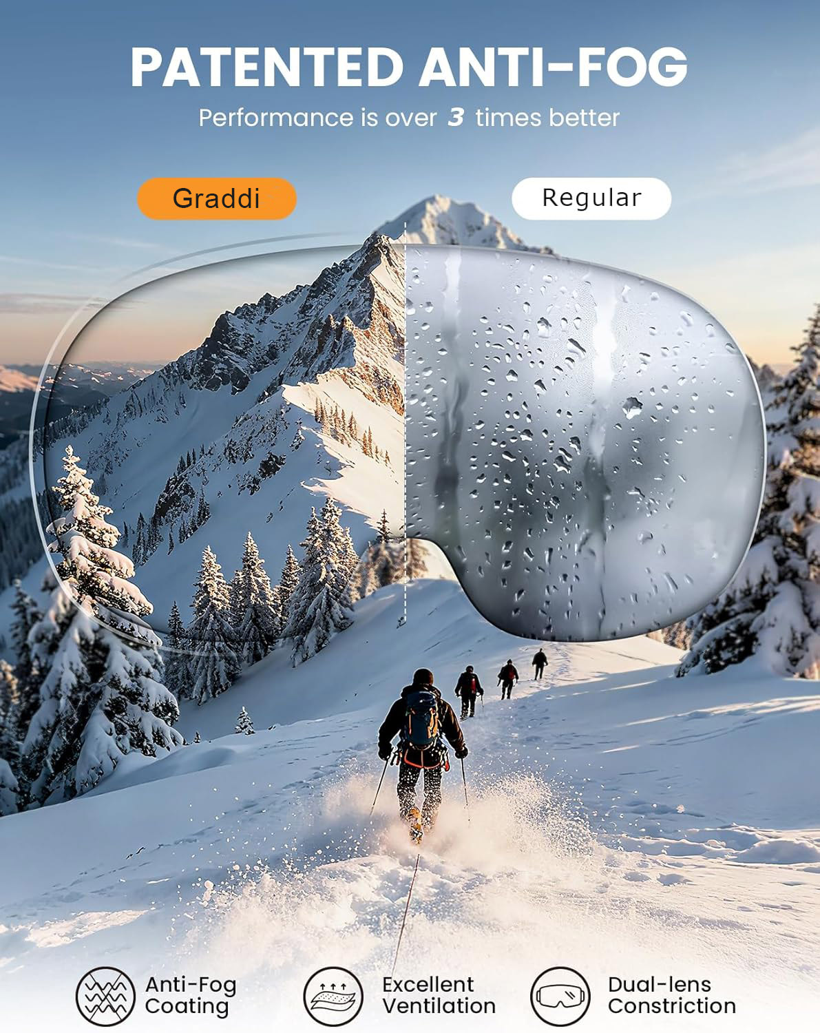 Graddi Ski Goggles with 3X Anti‑Fog for Crystal‑Clear Confidence
