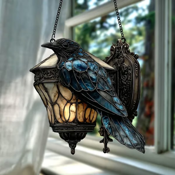 🐦‍⬛Dark Elegance: Hand-Painted Gothic Crow Lamp Suncatcher