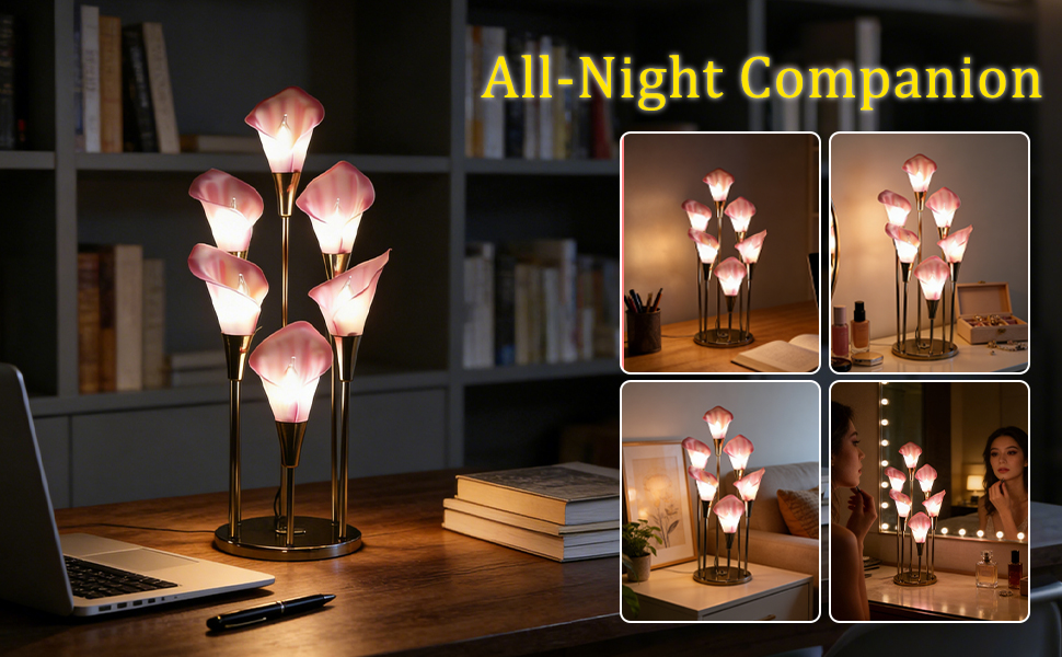 Vintage 60s 70s Regency Pink Calla Lily 6-Bulb Brass Table Lamp