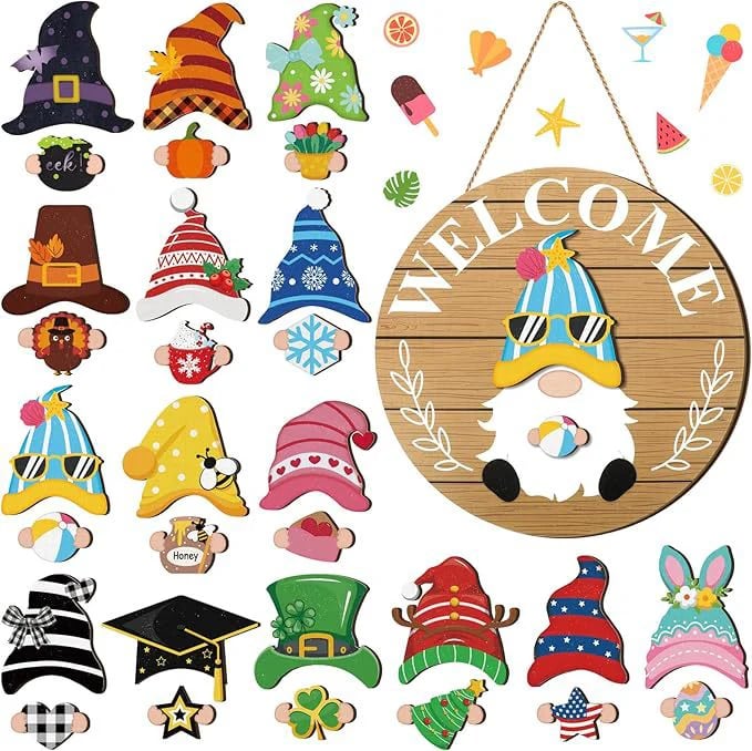 🎉Interchangeable Wooden Gnome Welcome Sign🎈